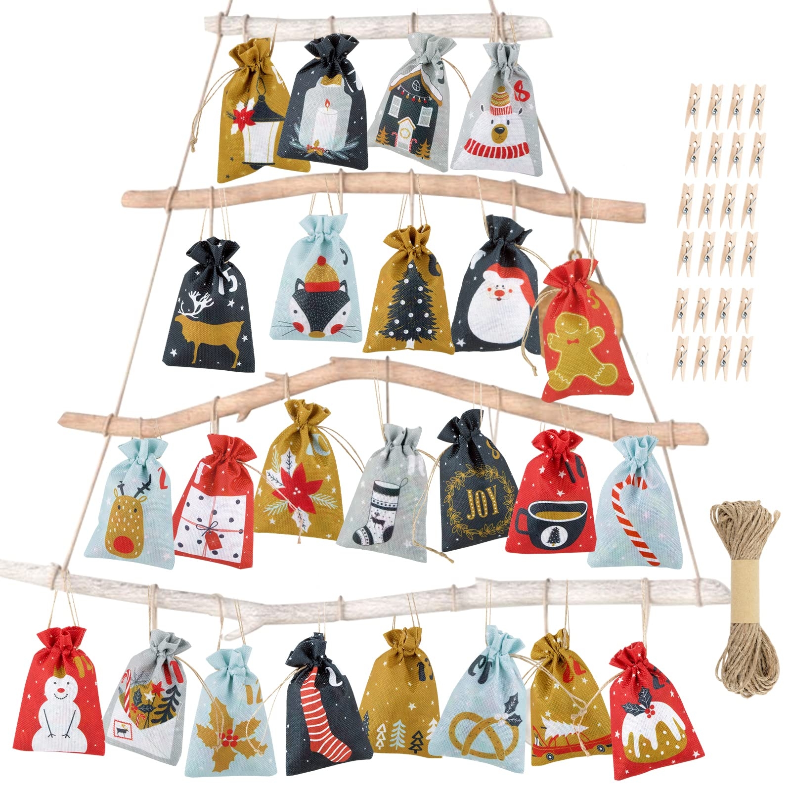 24 Calendrier De L Avent Sac En Tissu Pour No l Pochette Avec Ficelles Jutes Pinces Compte Rebours De No l Sacs Surprise D coration No l Amazon fr Fournitures De Bureau