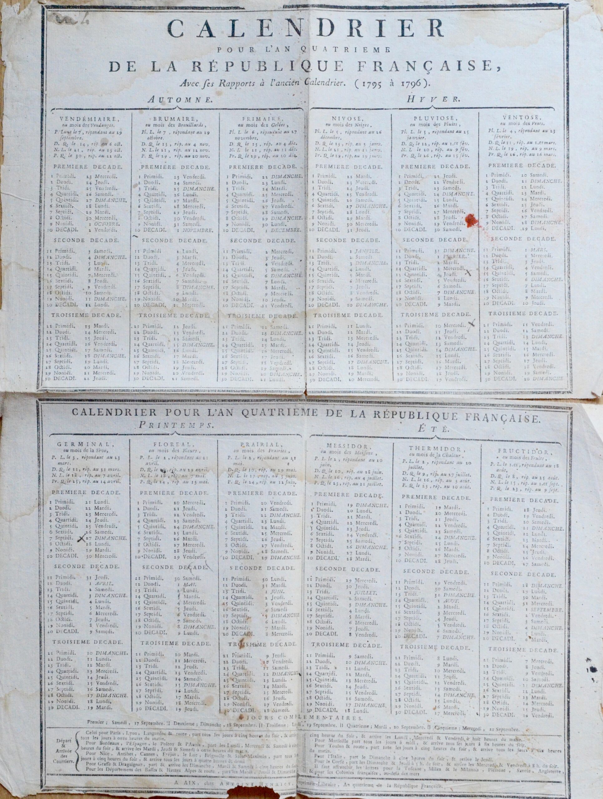 Affiche Du Calendrier R publicain De L an IV Avec Correspondance Gr gorienne Traces crites