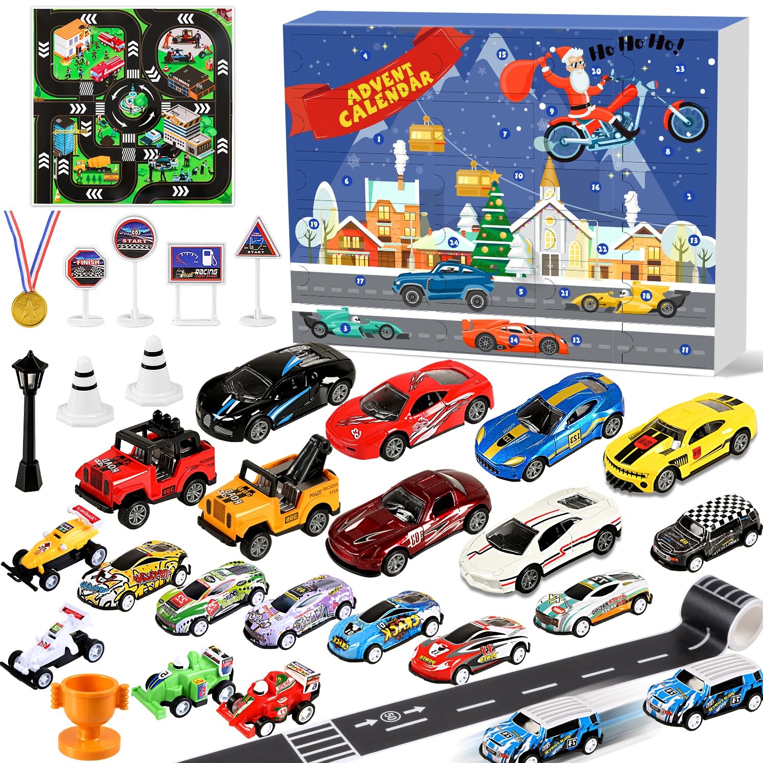 Amazon MOVINPE Cars Advent Calendar For Kids Boys 2024 Christmas 24 Pull Back Racing Car Alloy Vehicles Playsets With Play Mat City Map Race Signposts Winner Cup Gold Medal Countdown Days To