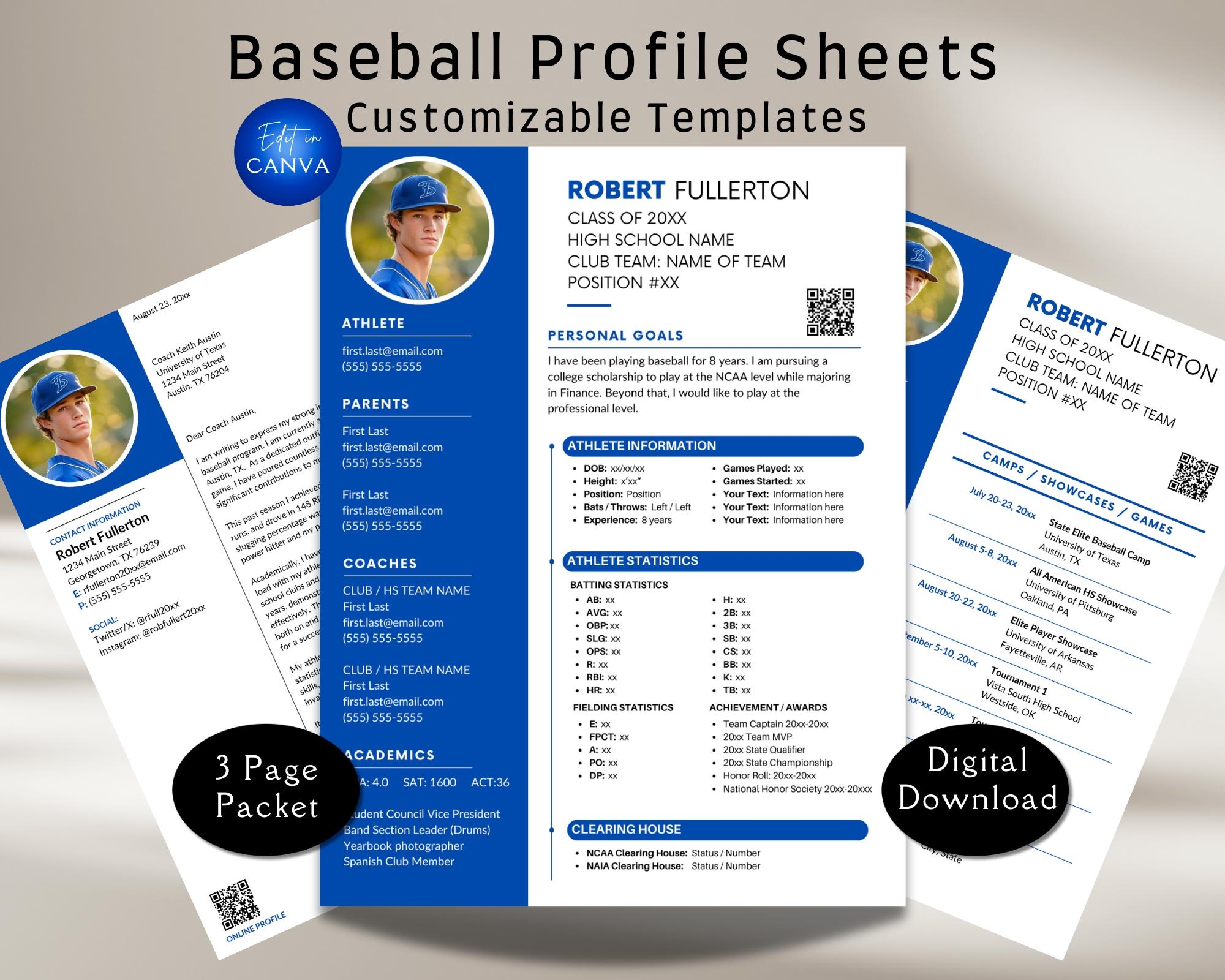 Athlete Profile Sheet Canva Template Customizable College Recruiting Athlete Resume Athlete Stats Letter Baseball Football Soccer Etsy