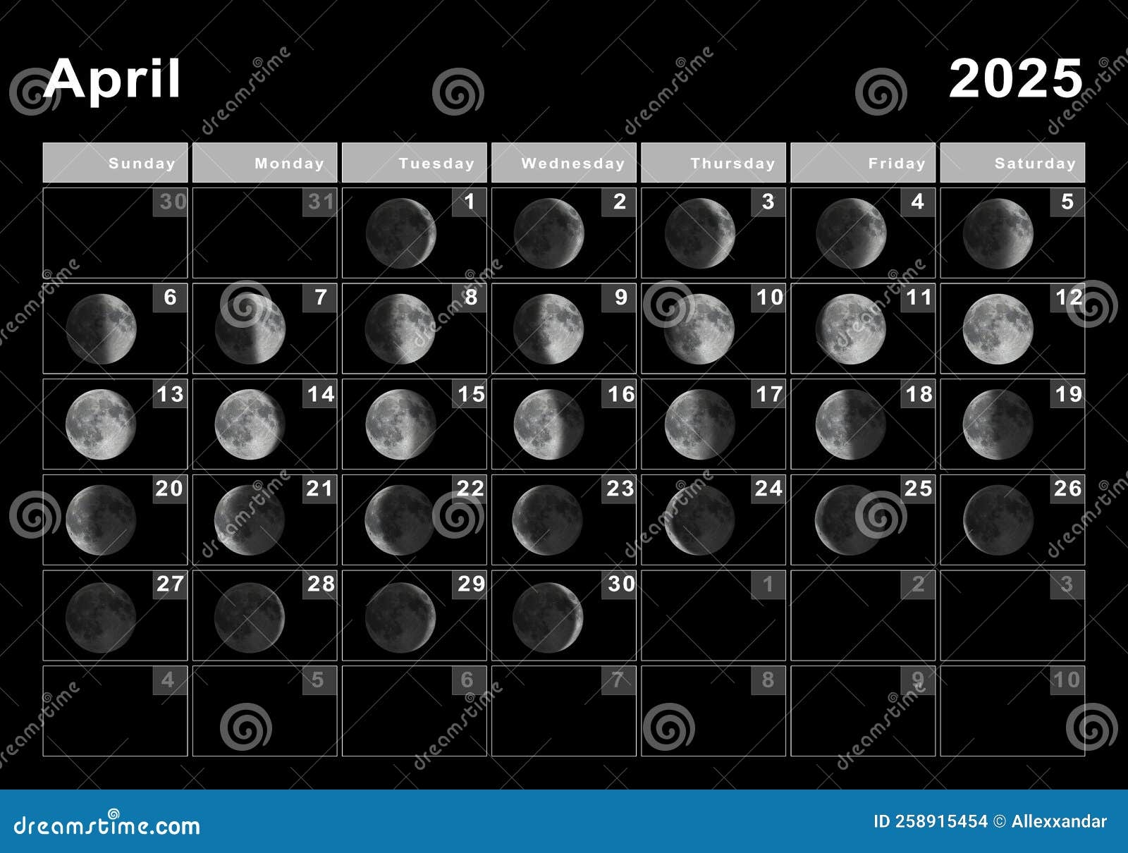 Avril 2025 Lunaire Calendrier Lunaire Cycles Lune Illustration Stock Illustration Du Quotidien Impression 258915454