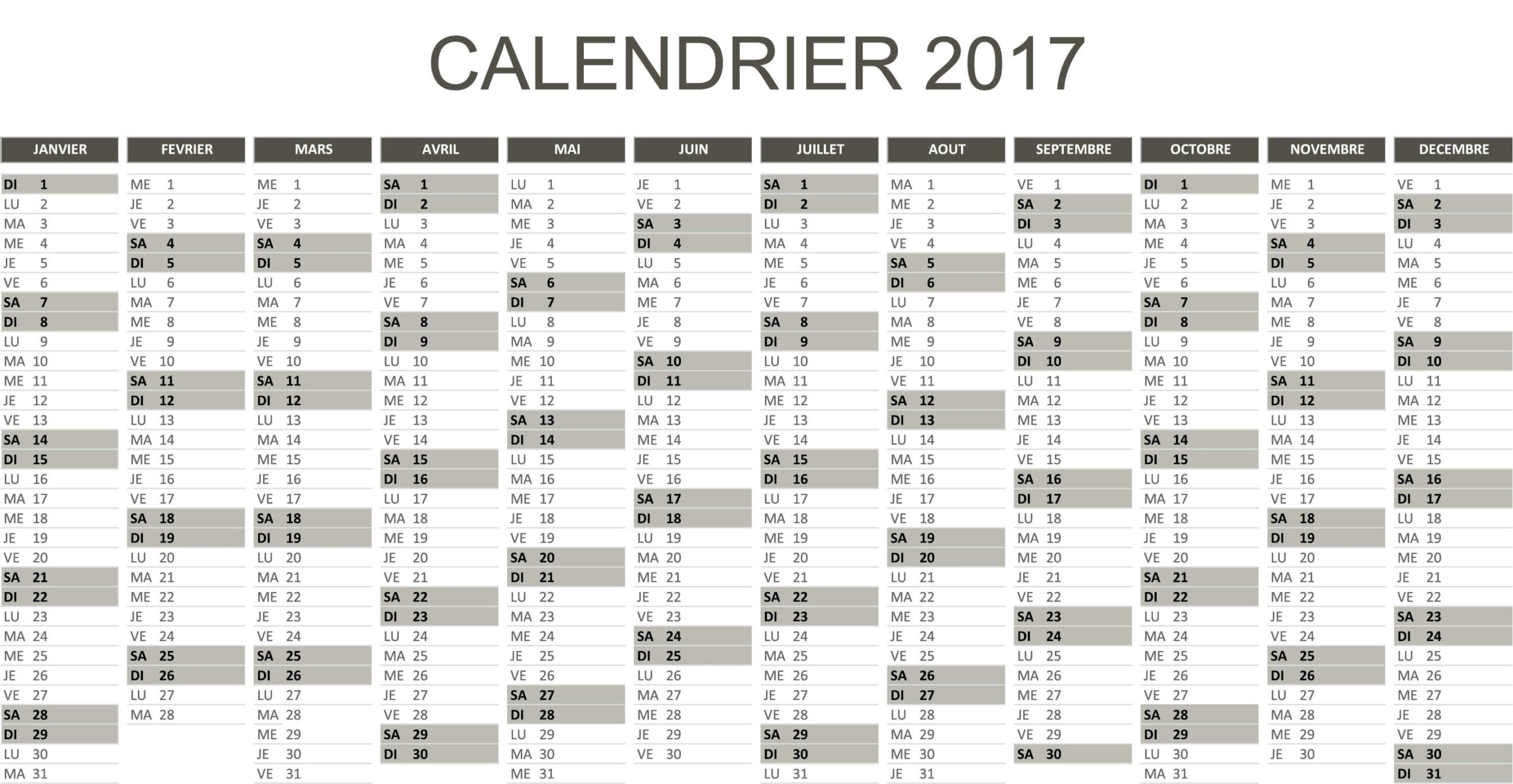Calendrier 2017 Excel Et PDF T l charger Et Imprimer