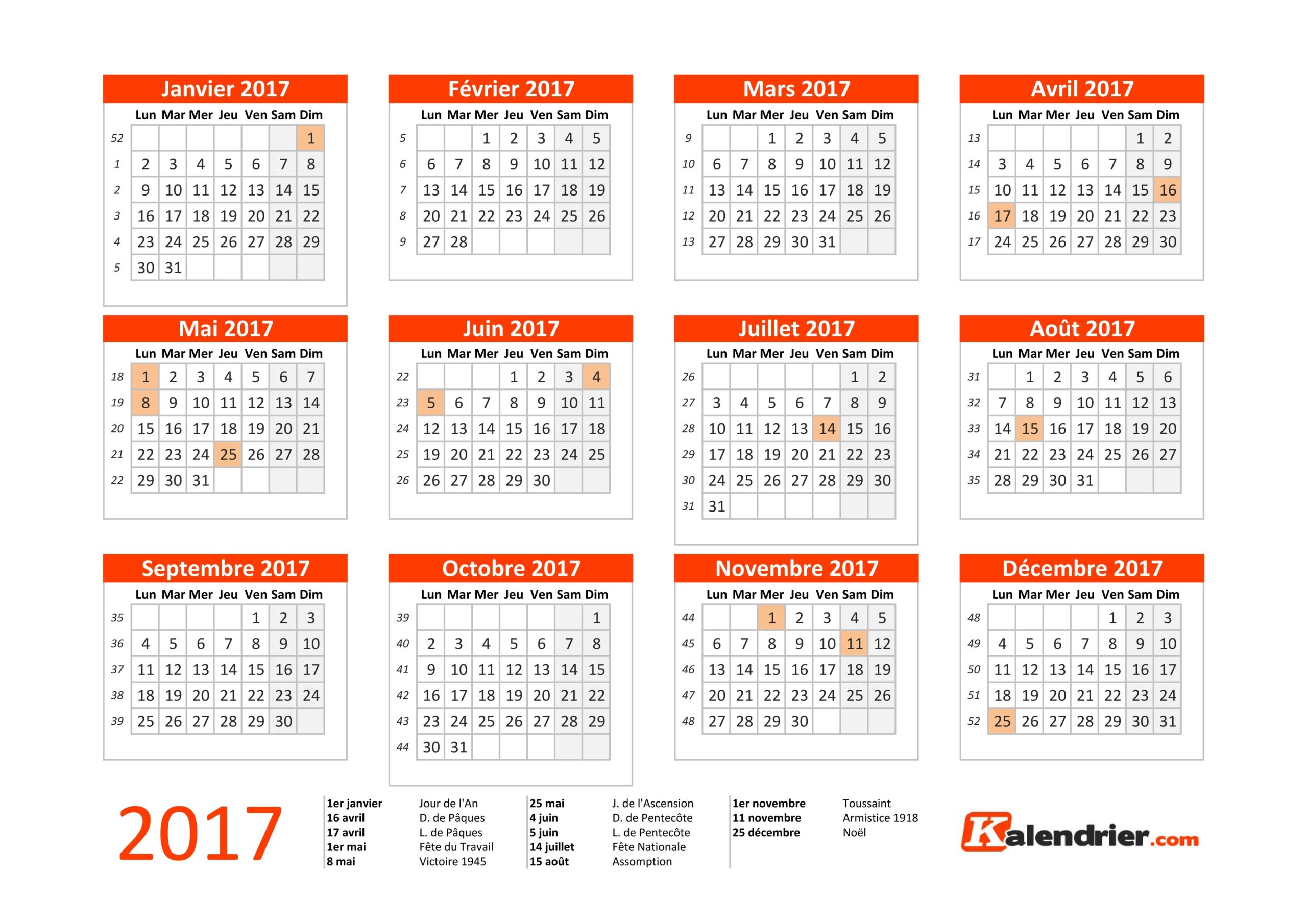 Calendrier 2017 Imprimer Gratuitement PDF XLS