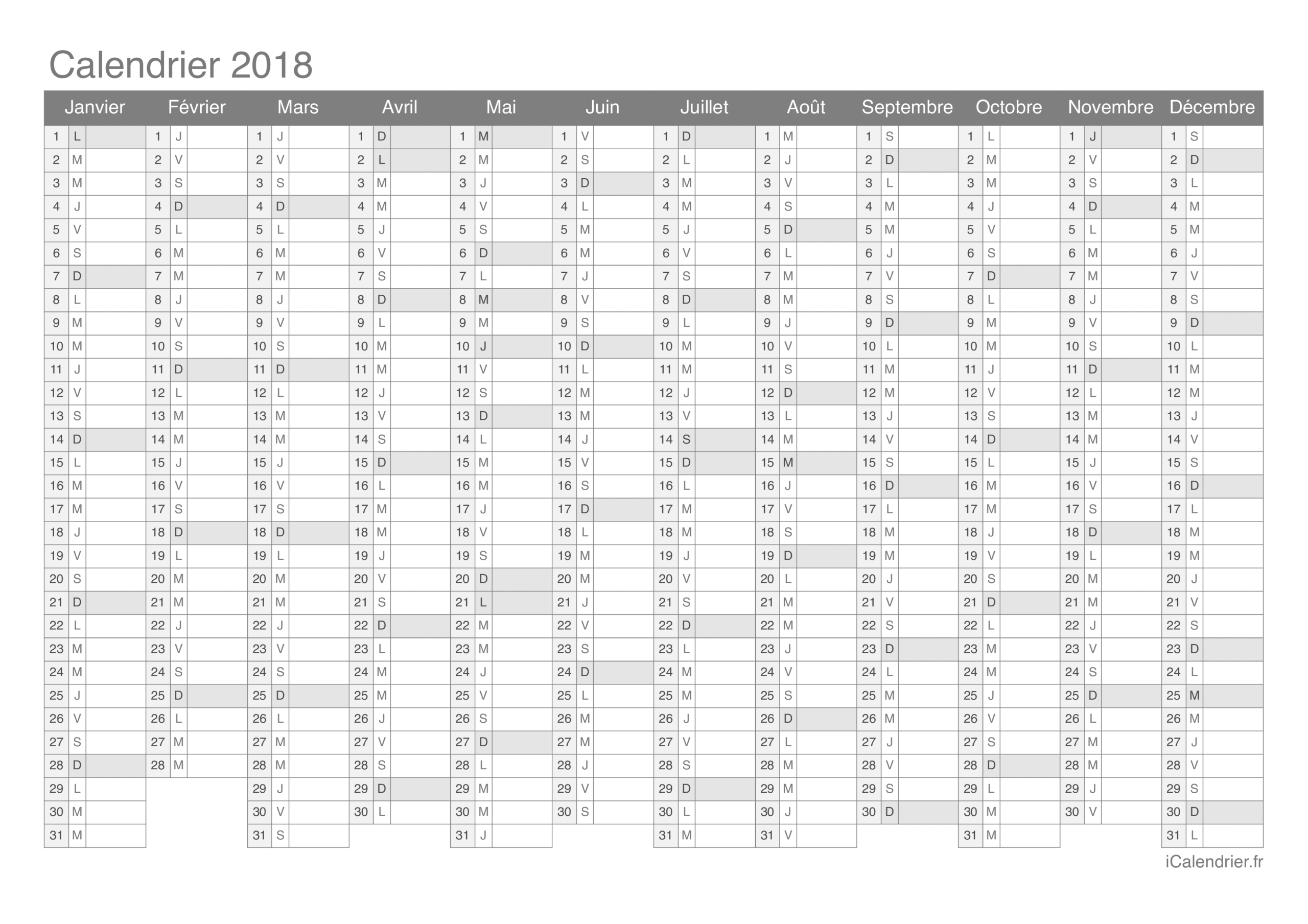 Calendrier 2018 Imprimer PDF Et Excel