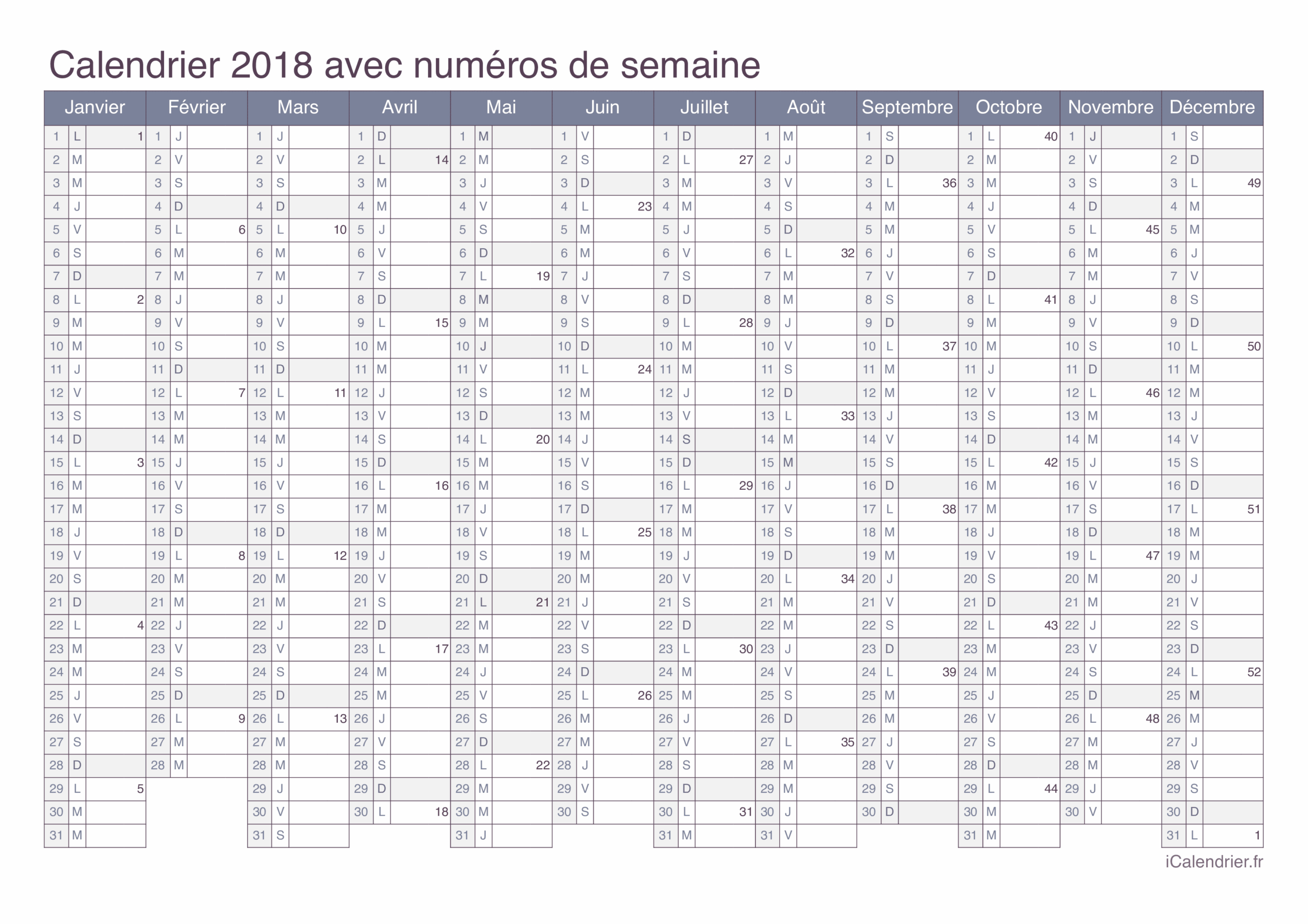 calendrier 2018 imprimable
