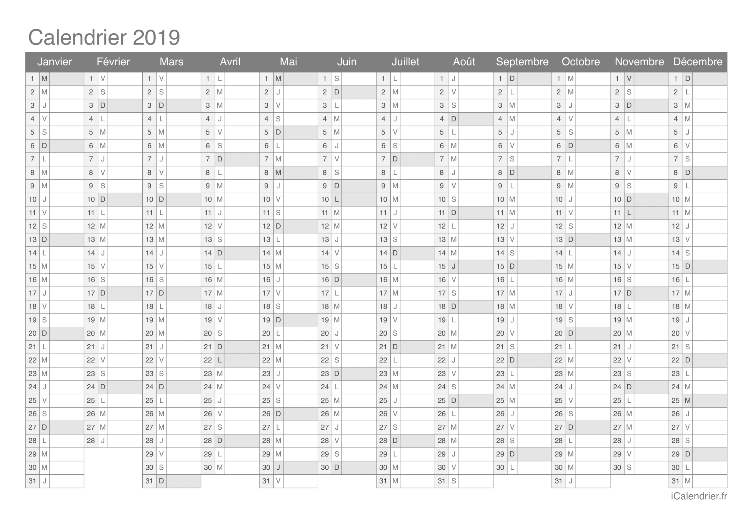 Calendrier 2019 Imprimer PDF Et Excel