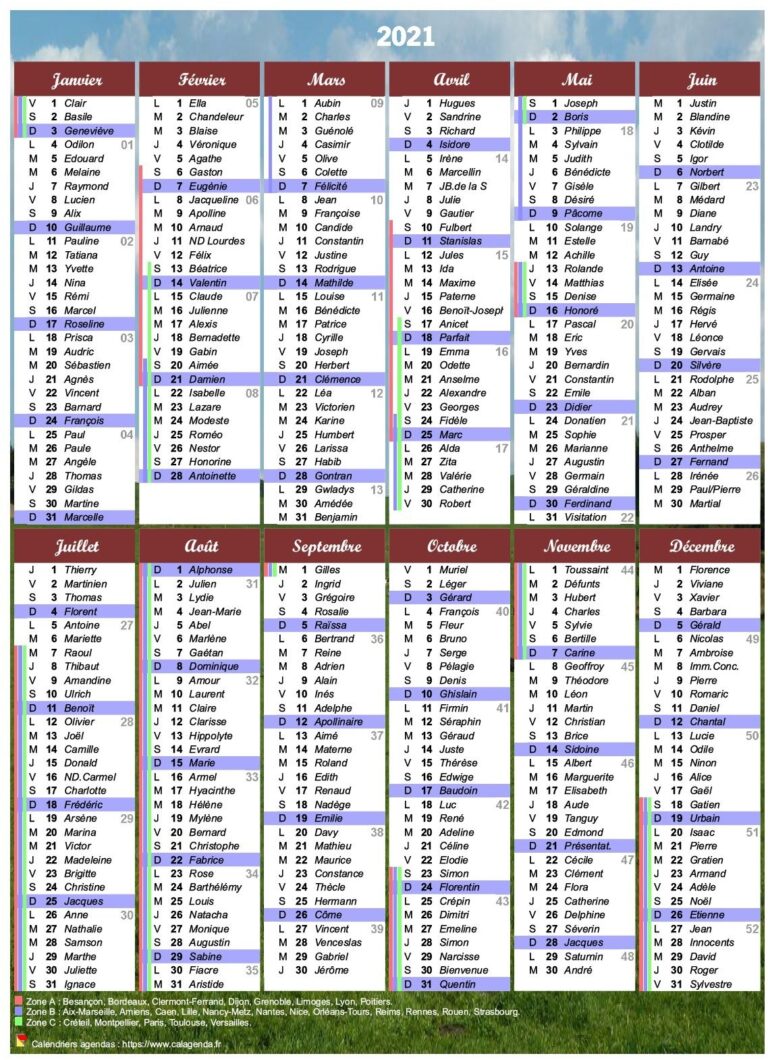 Calendrier 2021 Imprimer Annuel Avec Les F tes Et Les Vacances Scolaires
