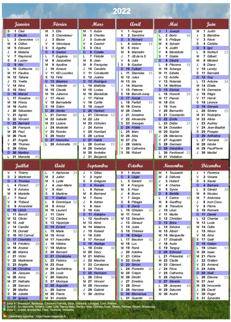 Calendrier 2022 Imprimer Annuel Avec Les F tes Et Les Vacances Scolaires