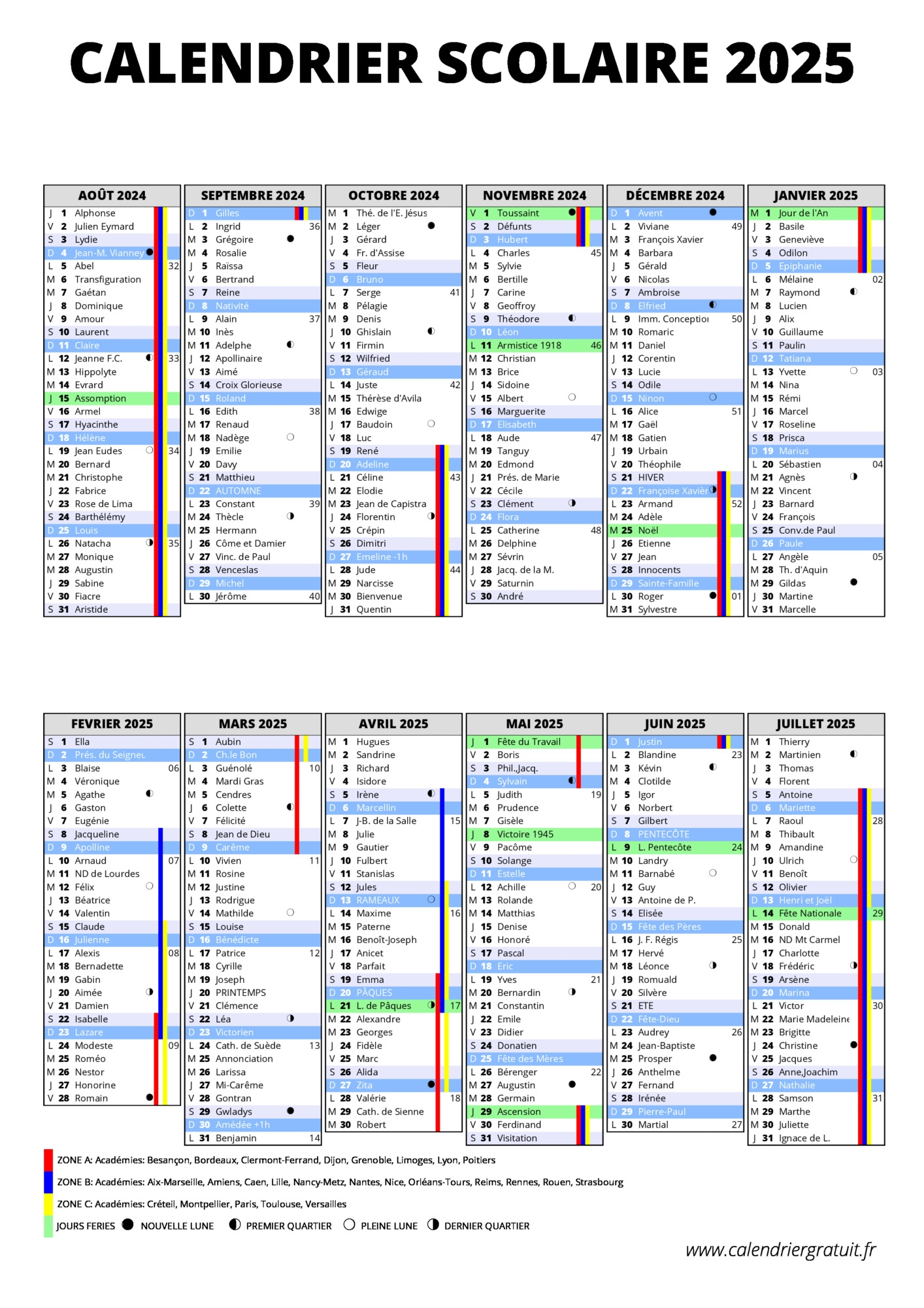 calendrier scolaire 2025 à imprimer