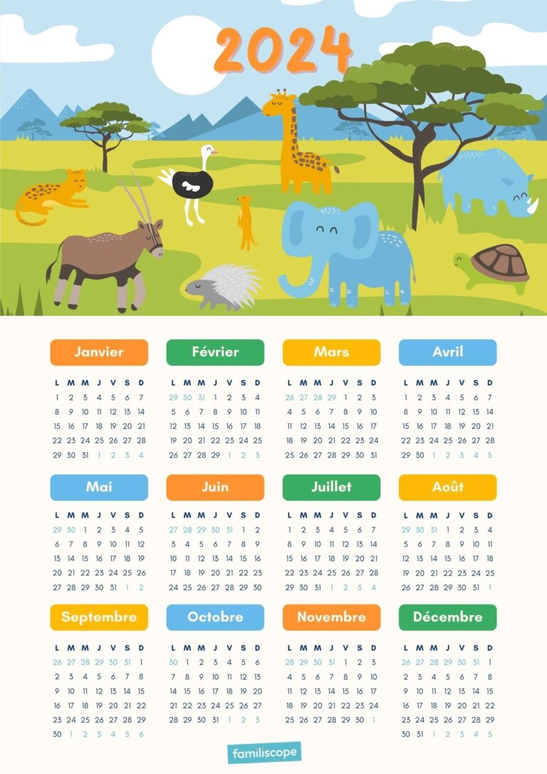Calendrier 2024 Enfant Imprimer Th me Animaux De La Savane