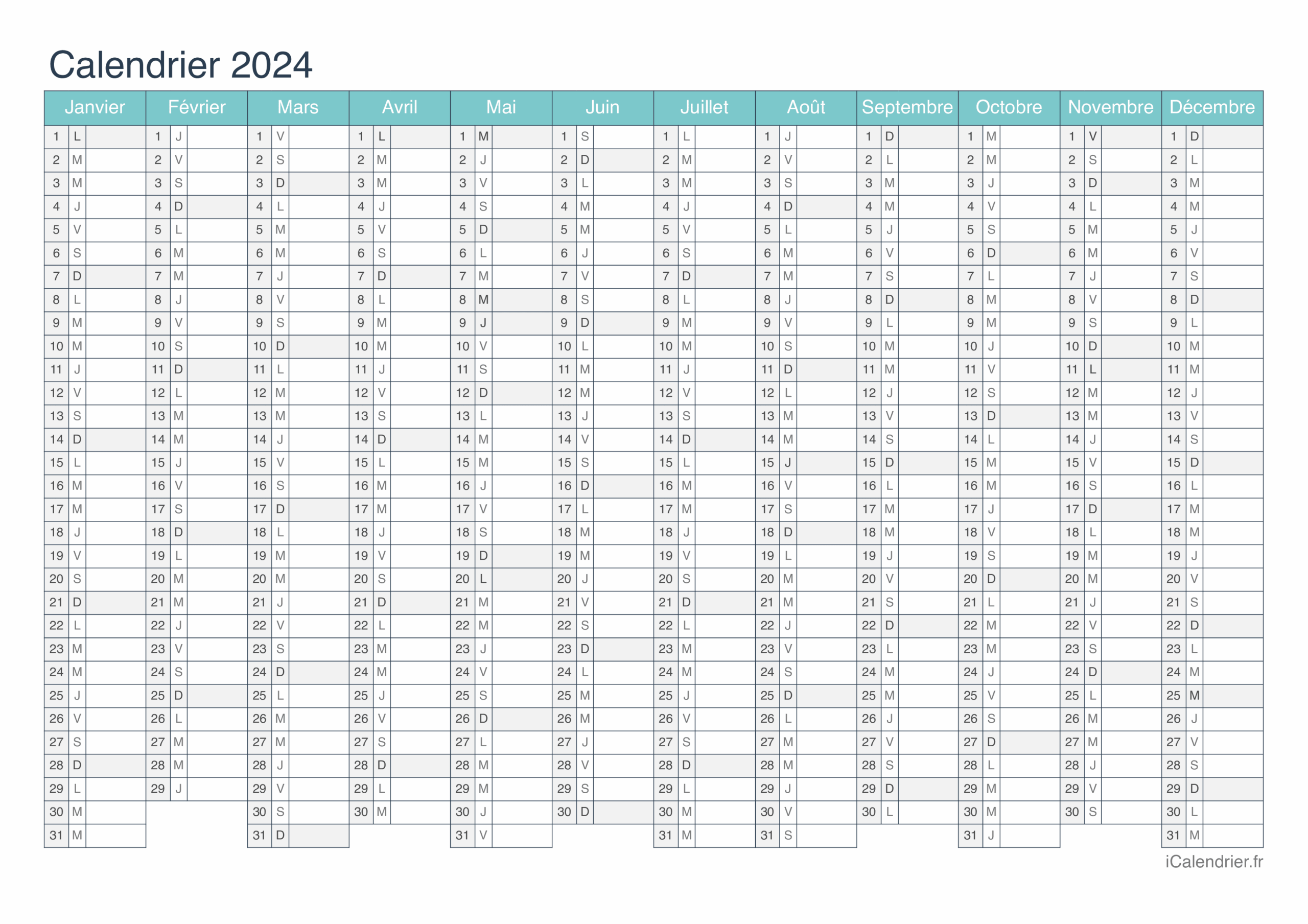 Calendrier 2024 Imprimer PDF Et Excel