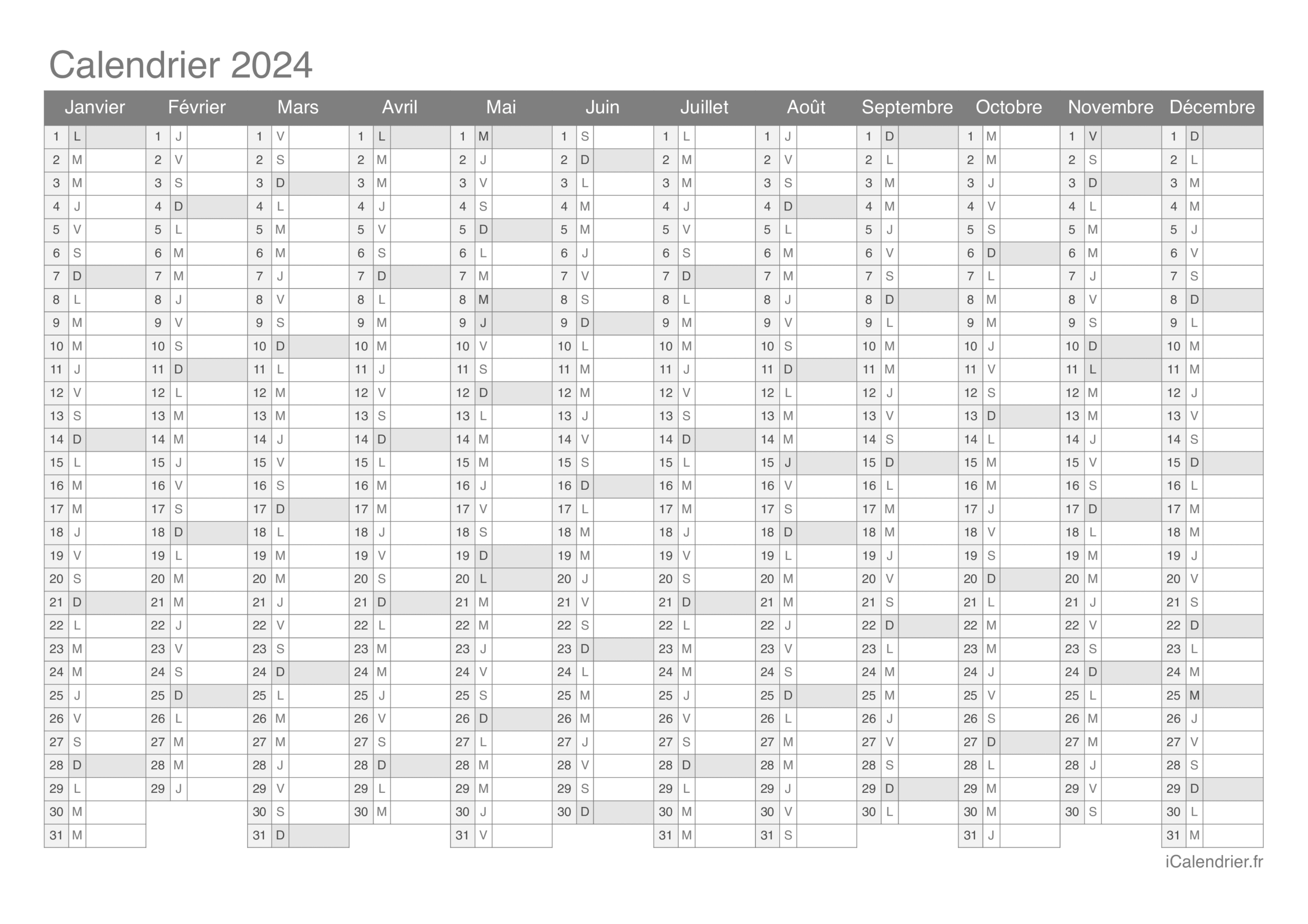 Calendrier 2024 Imprimer PDF Et Excel