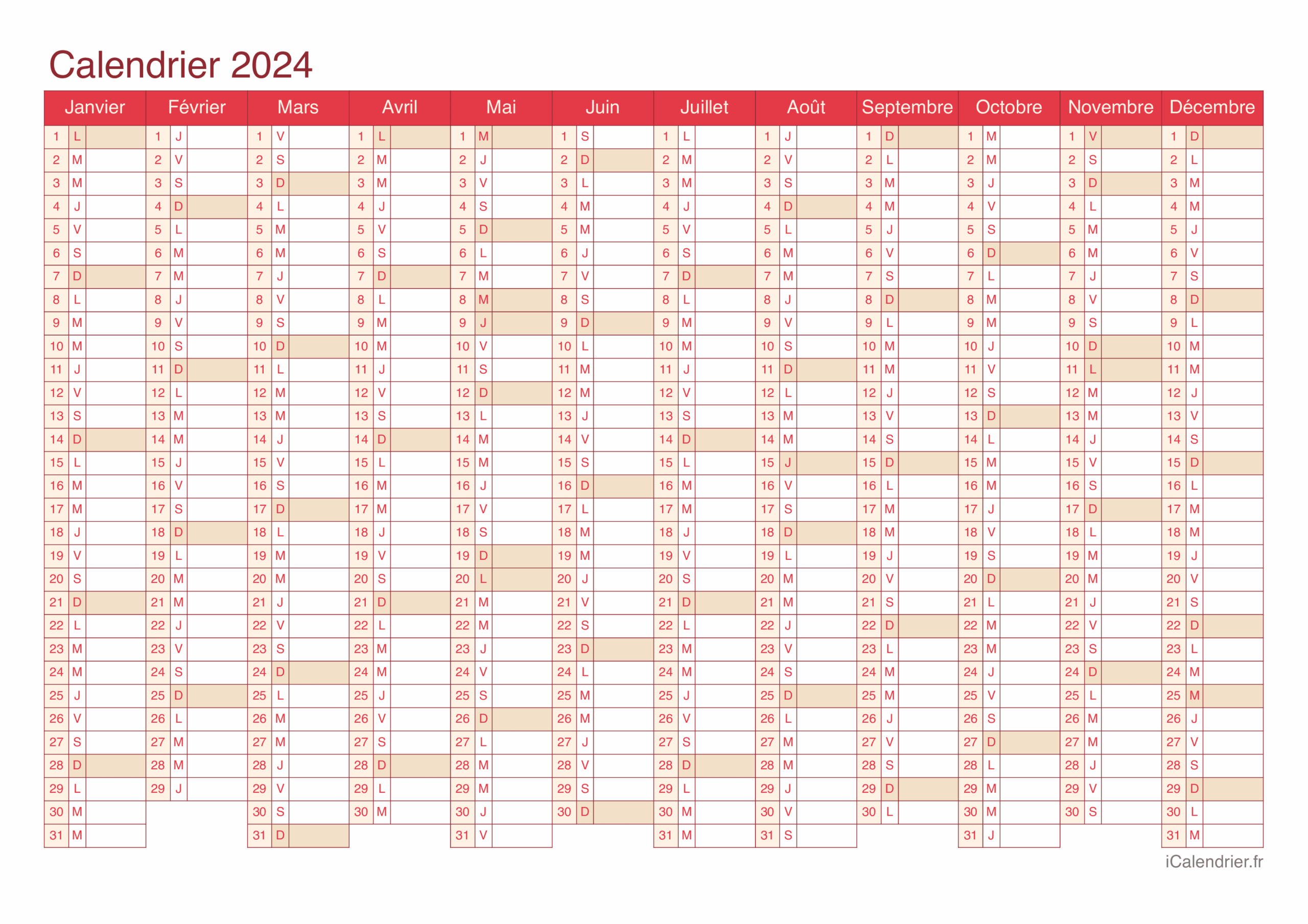 Calendrier 2024 Imprimer PDF Et Excel