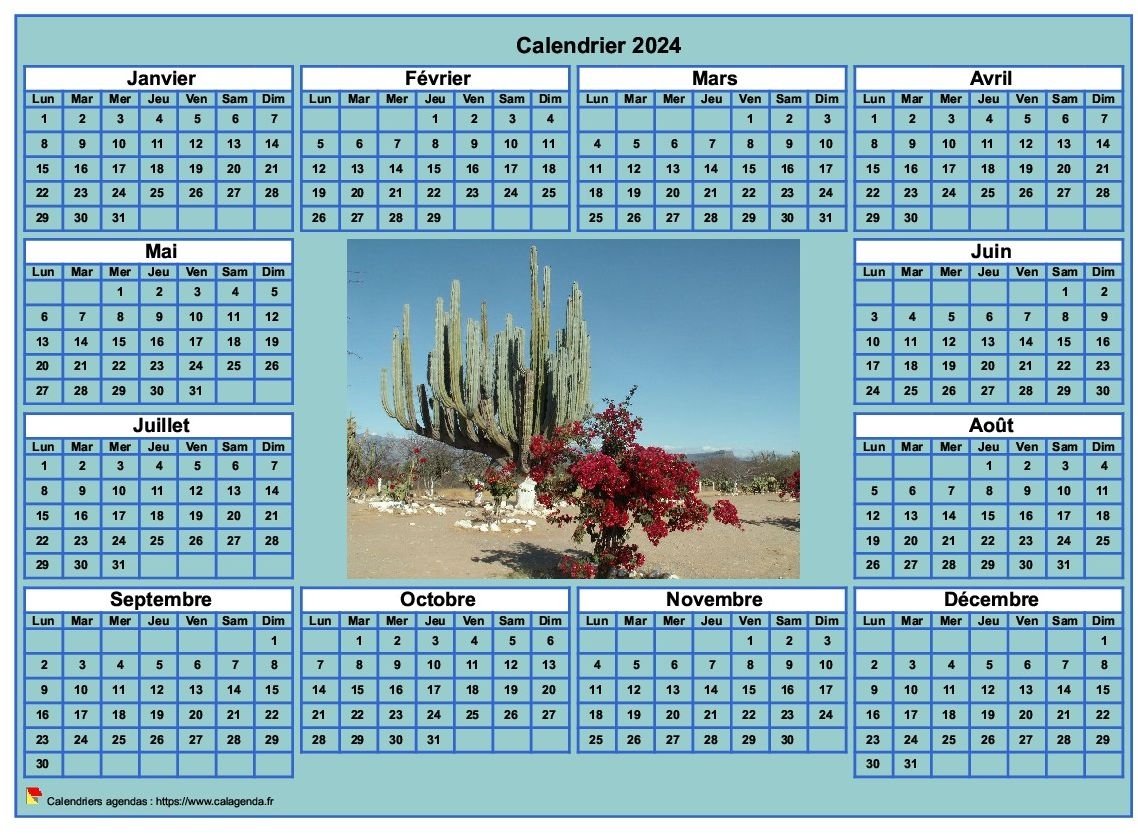 Calendrier 2024 Photo Annuel Imprimer Fond Cyan Format Paysage Sous main Ou Mural