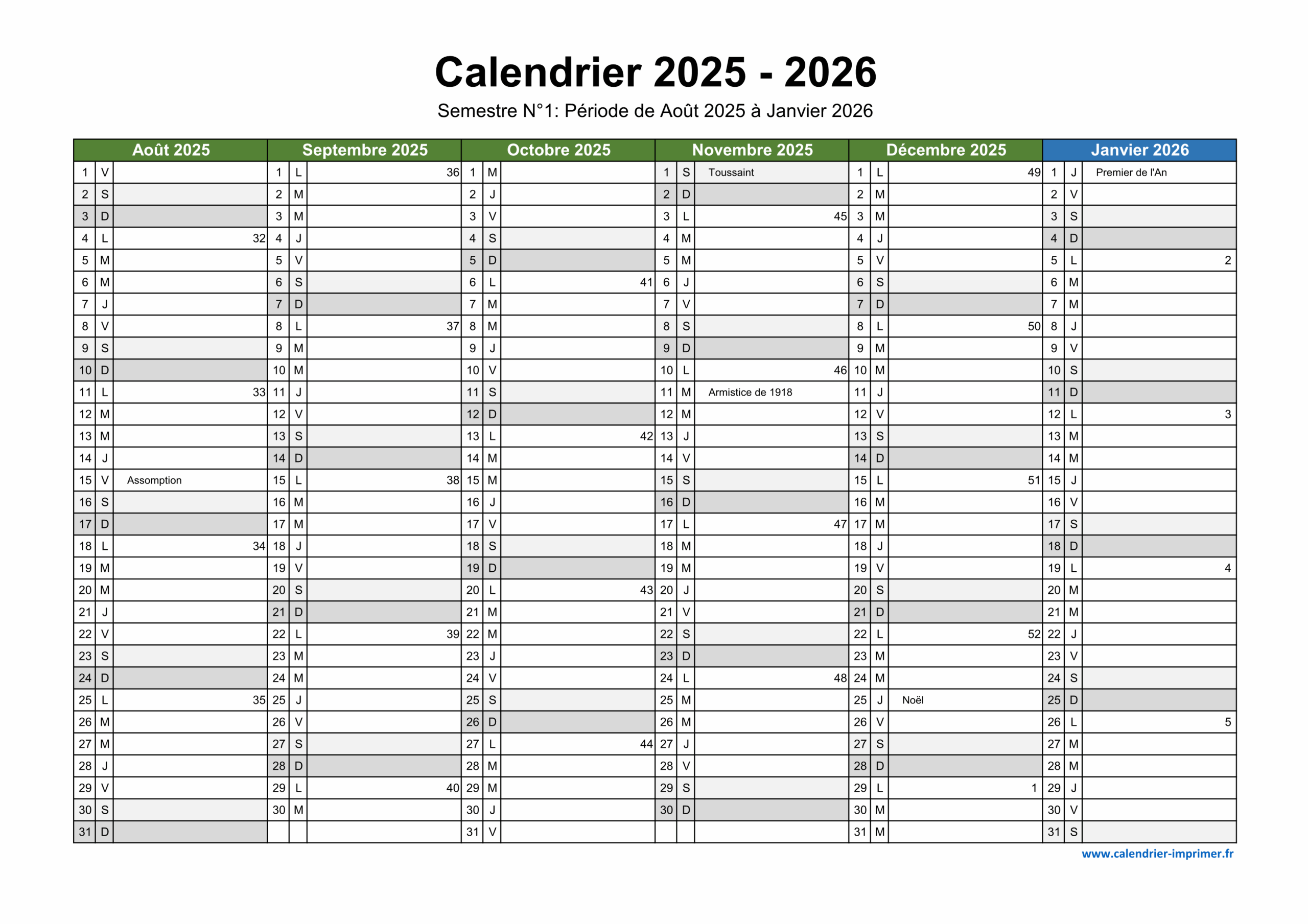 Calendrier 2025 2026 Imprimer