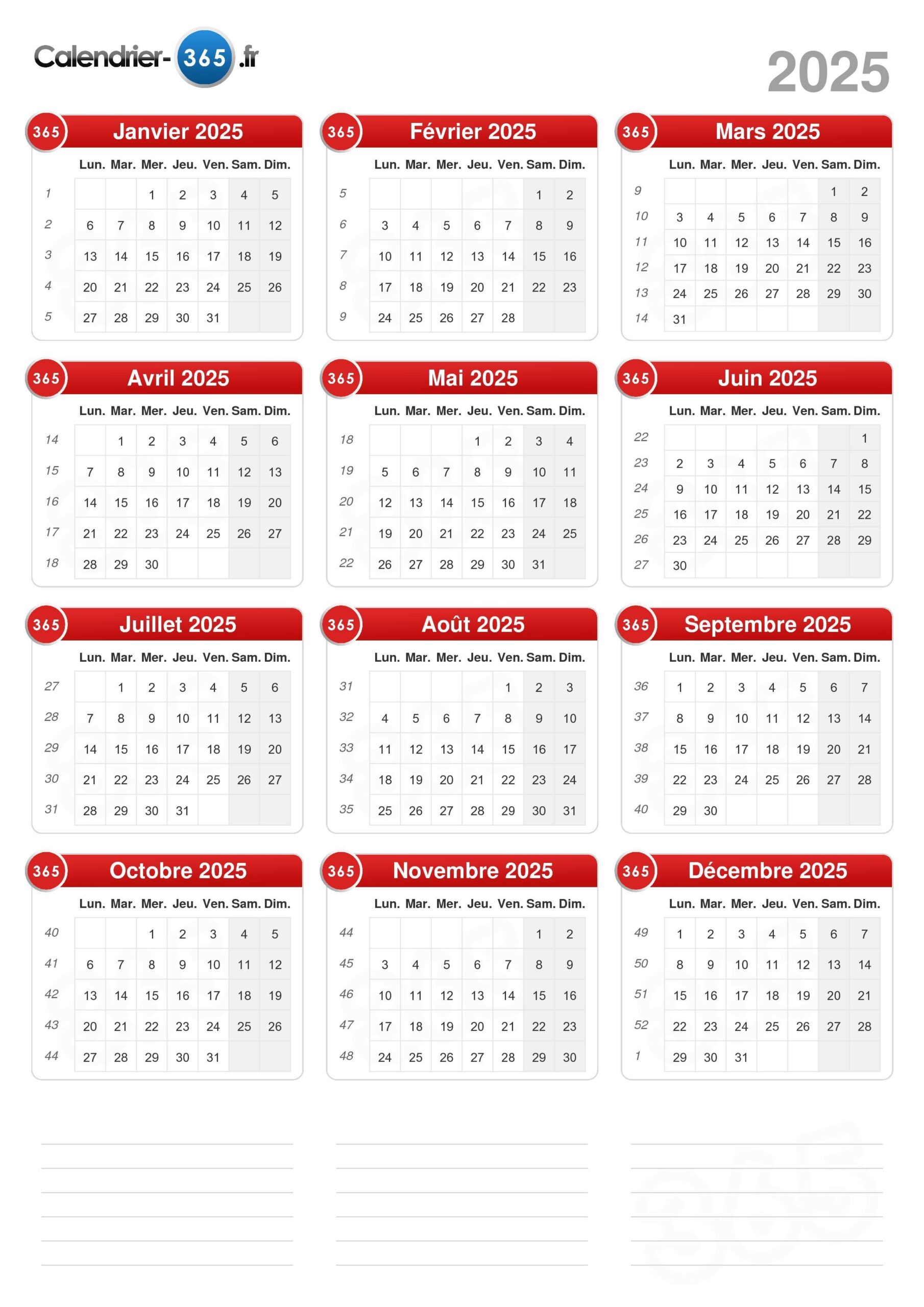 calendrier 2025 avec semaine à imprimer