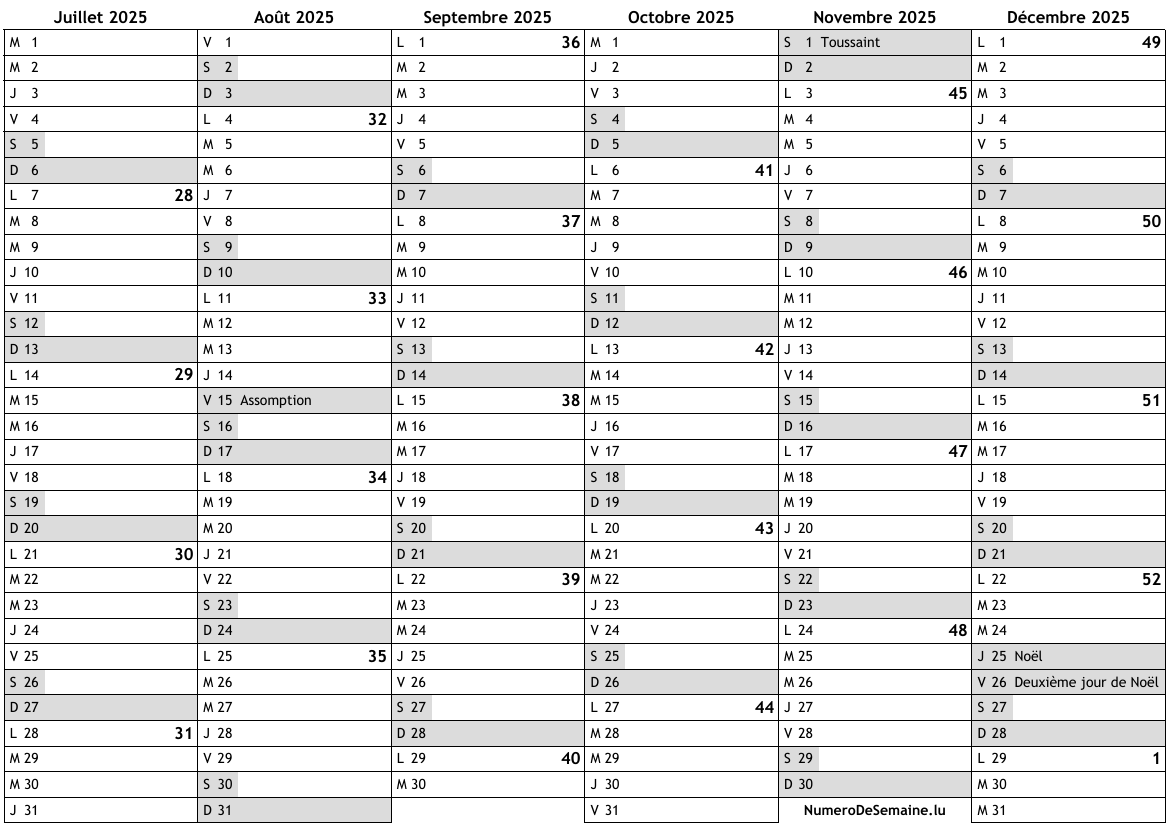 calendrier 2025 semestre 2 à imprimer