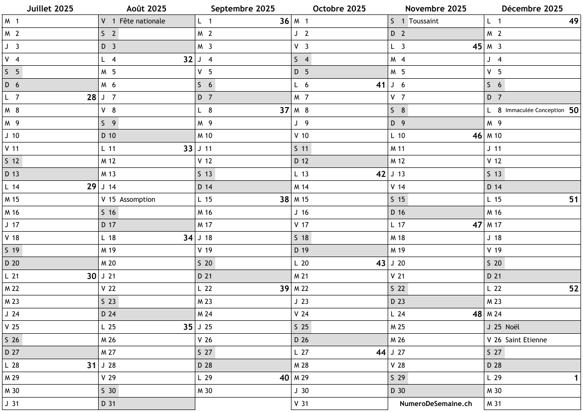 Calendrier 2025 Avec Jours F ri s En Suisse Et Num ro Des Semaines Impression Gratuit Download PDF