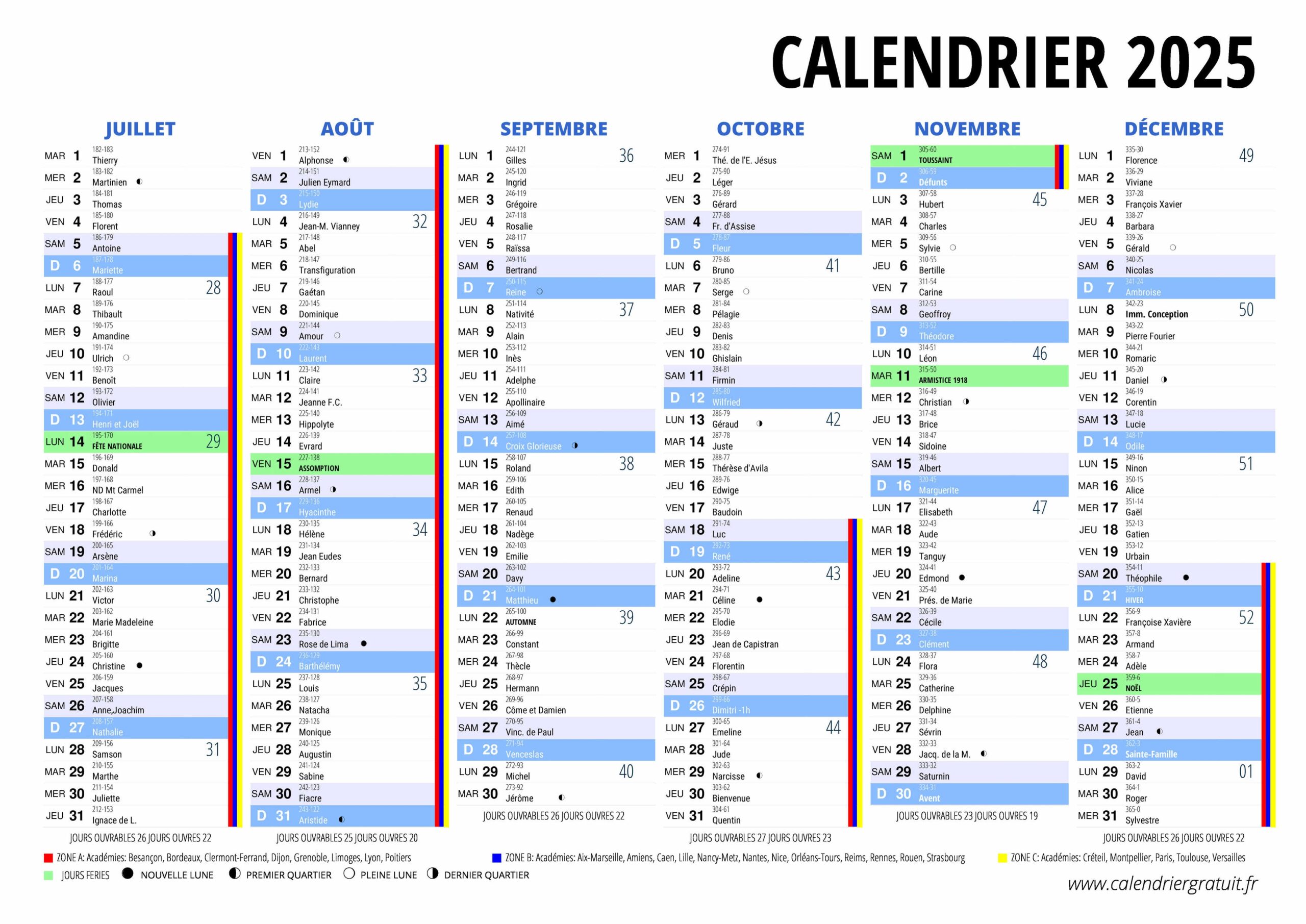 calendrier semestriel 2025 à imprimer