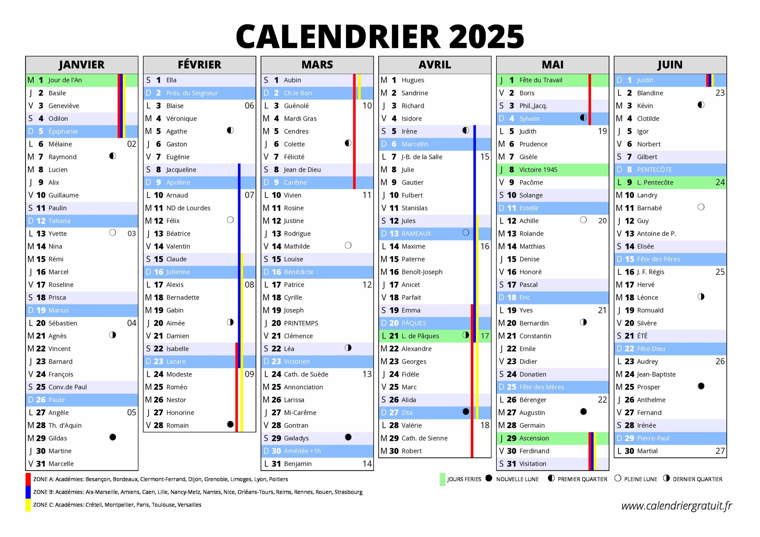 calendrier 1er semestre 2025 à imprimer