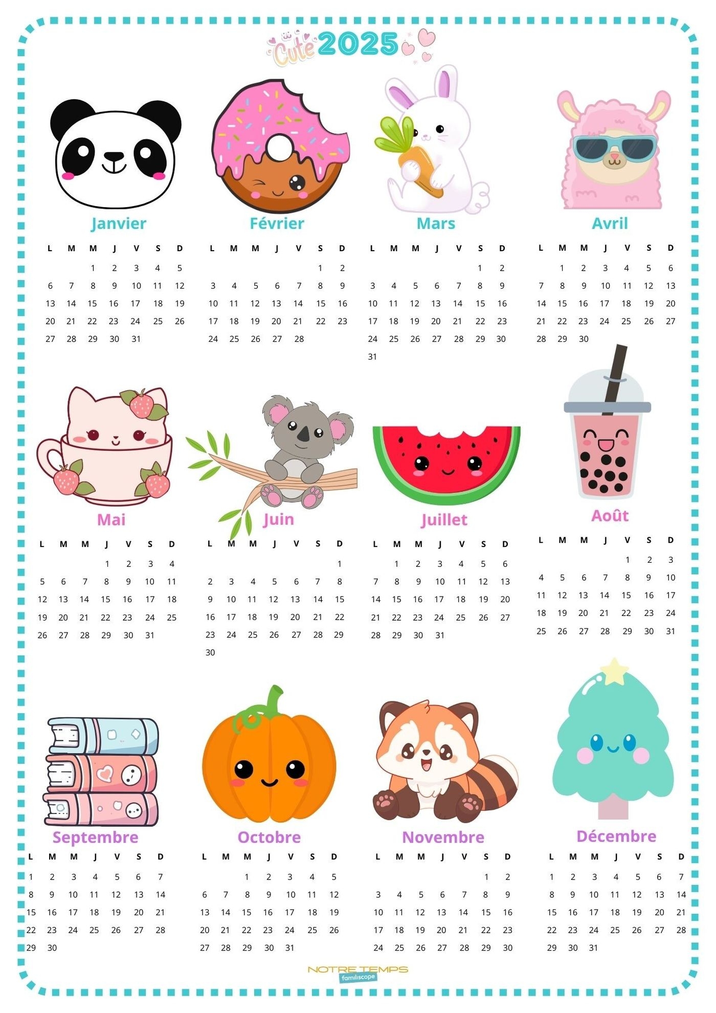 Calendrier 2025 Enfant Gratuit Imprimer Kawaii