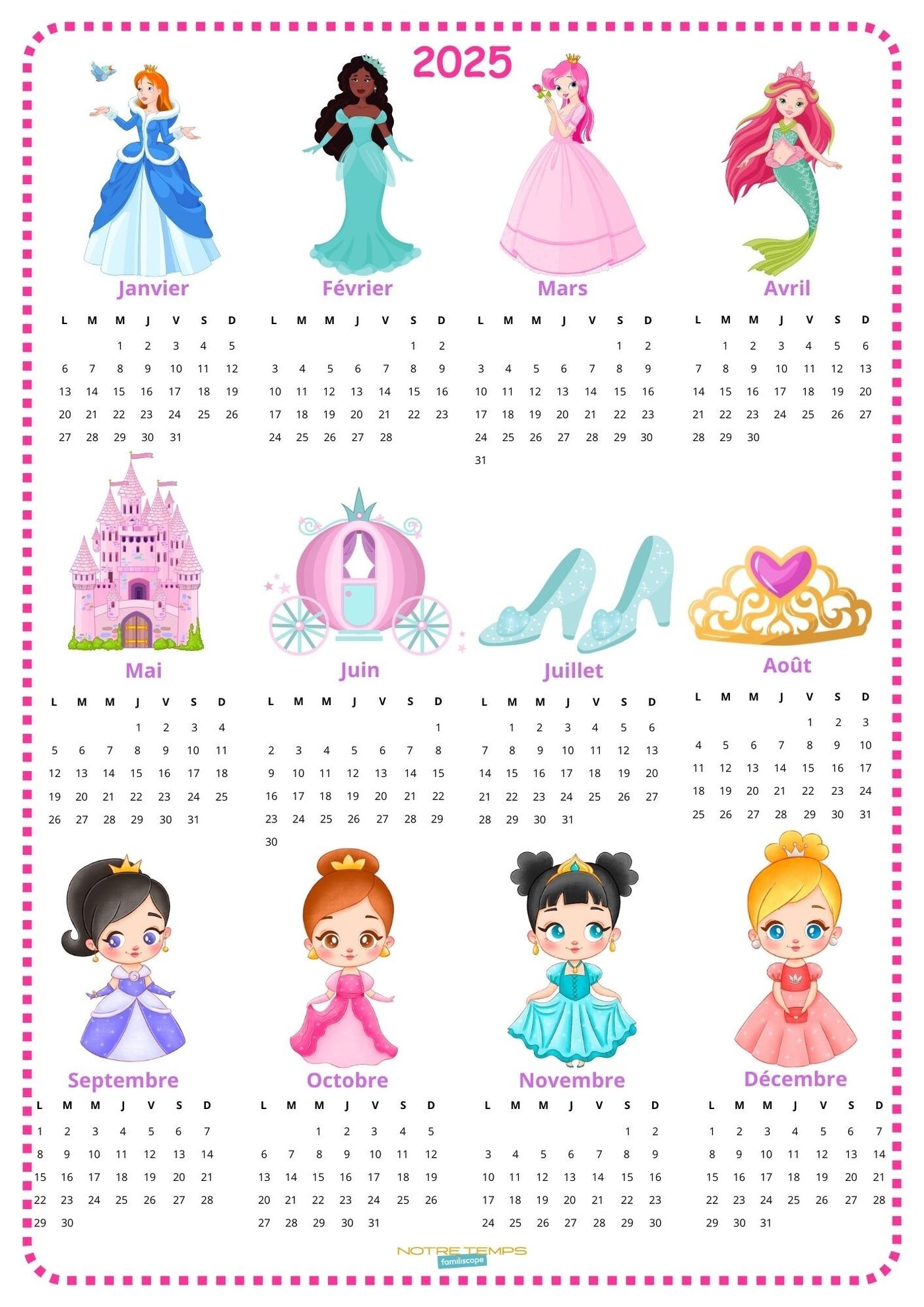 Calendrier 2025 Enfant Gratuit Imprimer Princesses