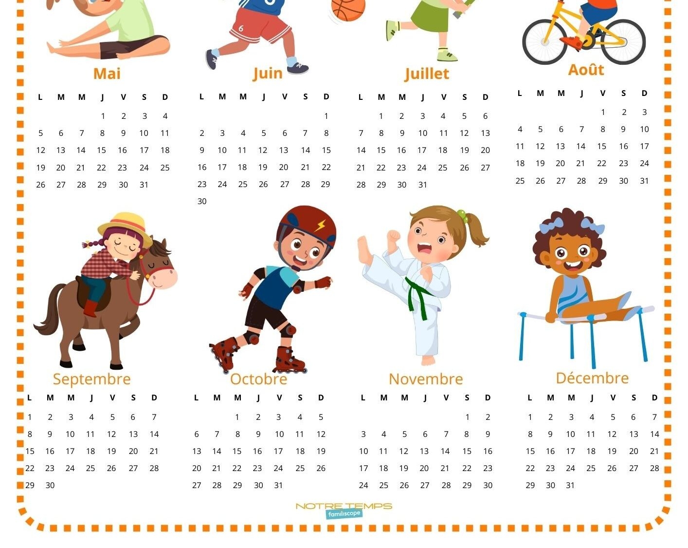 Calendrier 2025 Enfant Gratuit Imprimer Sports