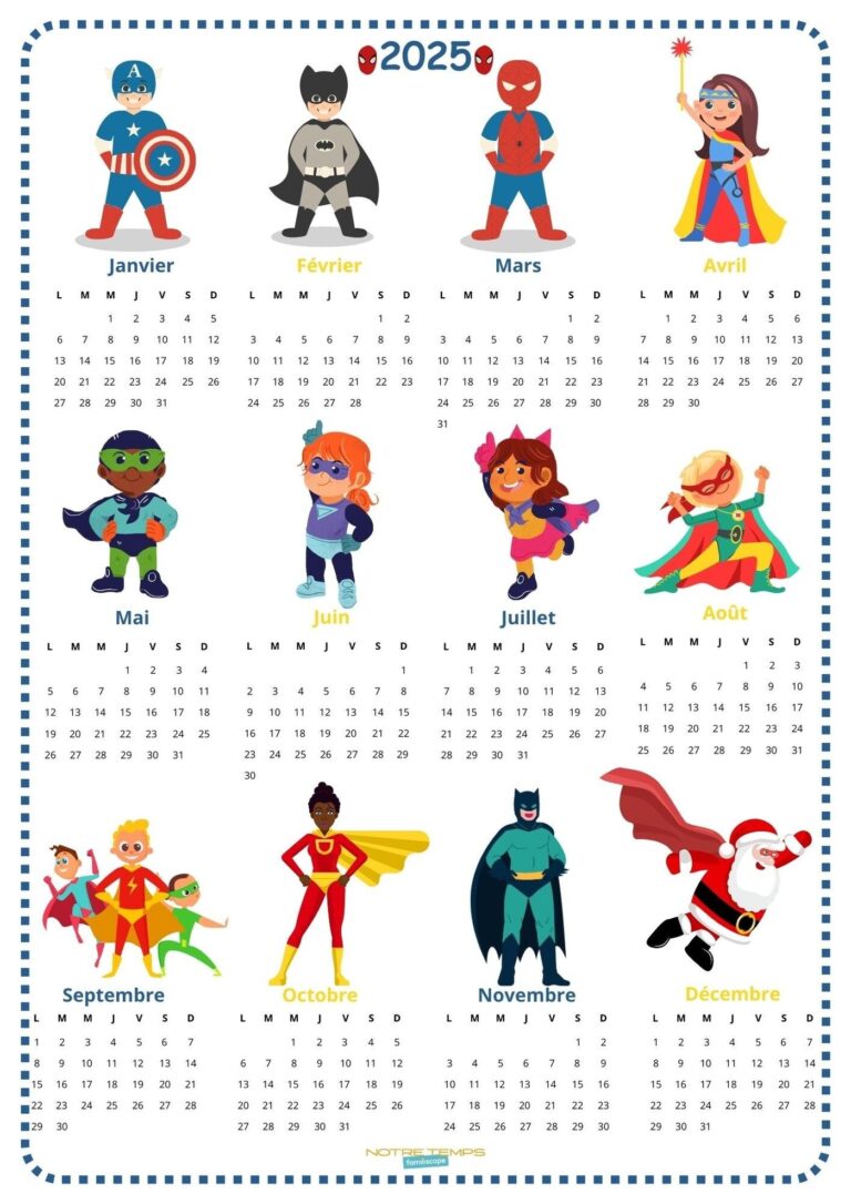 Calendrier 2025 Enfant Imprimer Super h ros