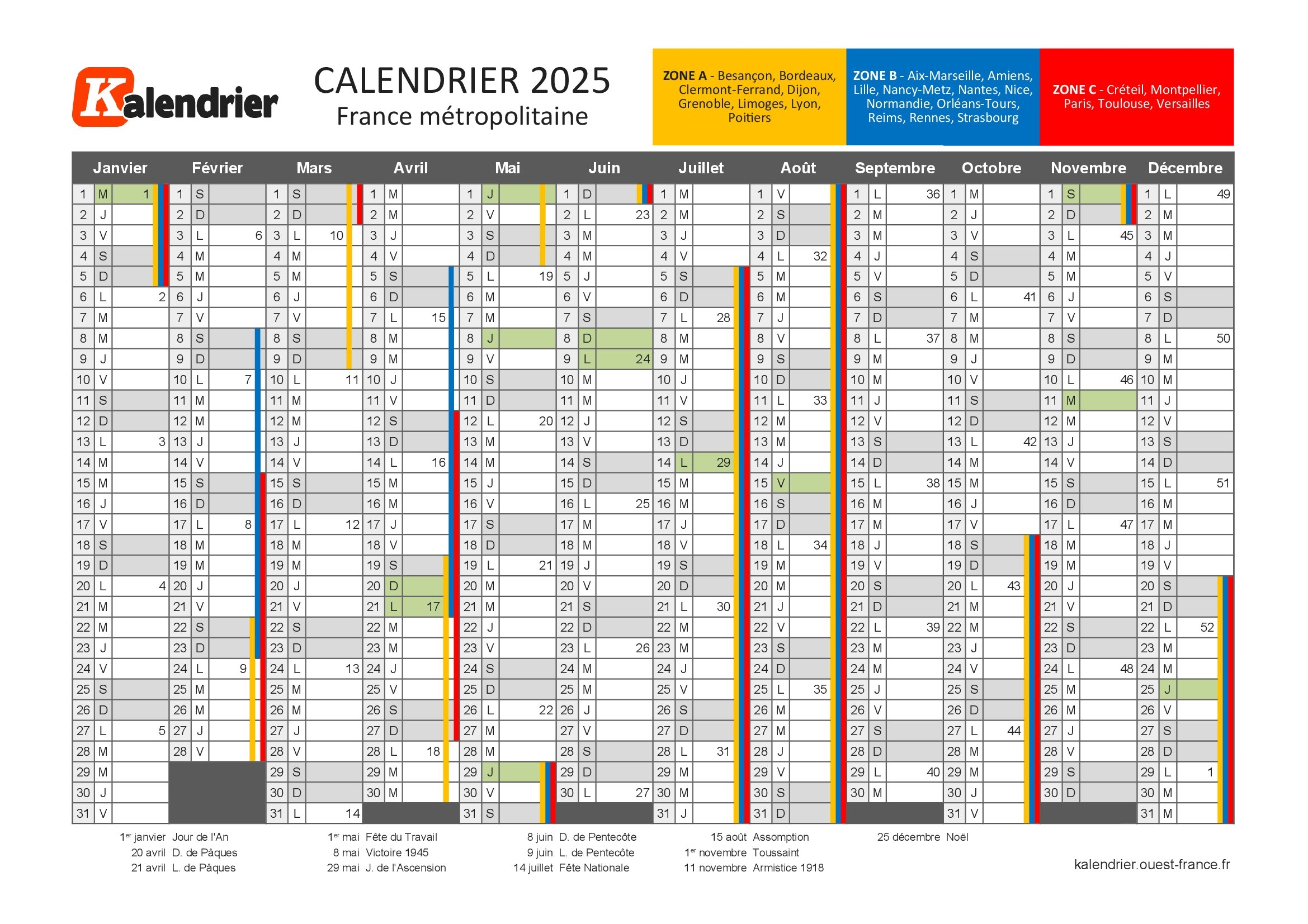 Calendrier 2025 gratuit Imprimer Avec Les Vacances Scolaires Calendriers PDF A4