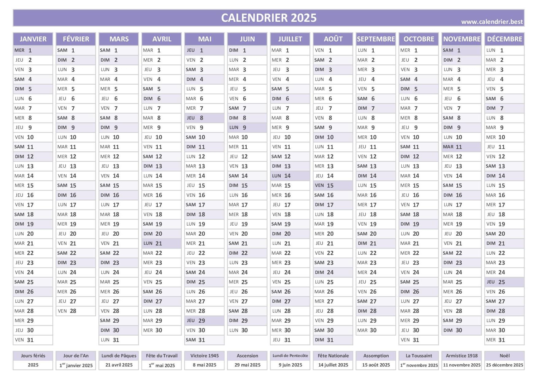 Calendrier 2025 Imprimer