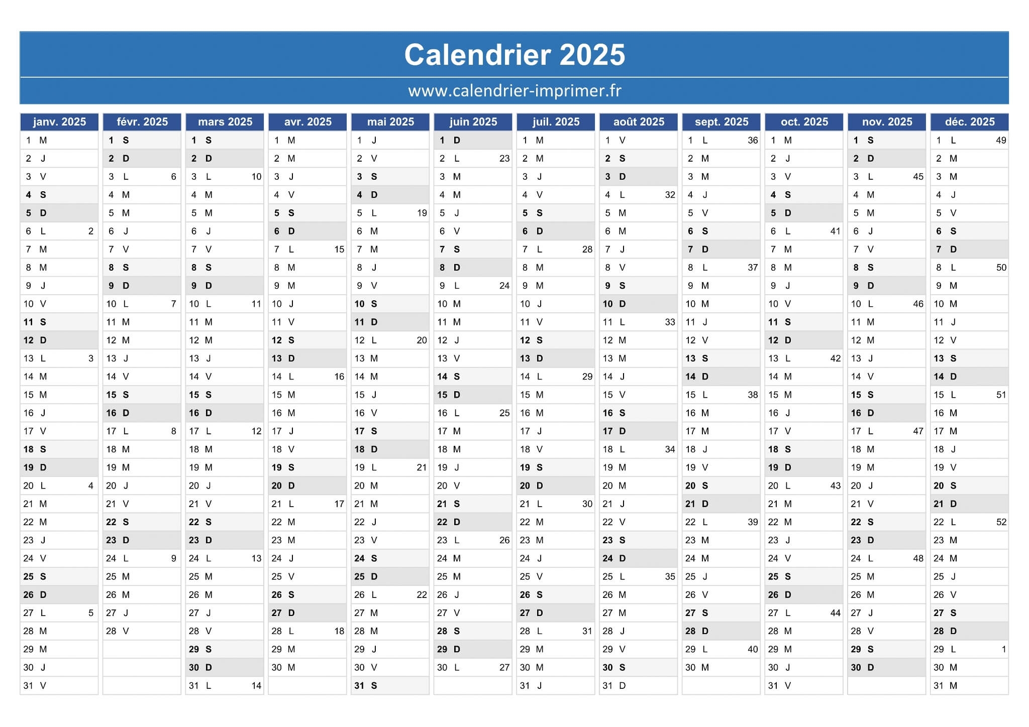 Calendrier 2025 Imprimer Gratuit