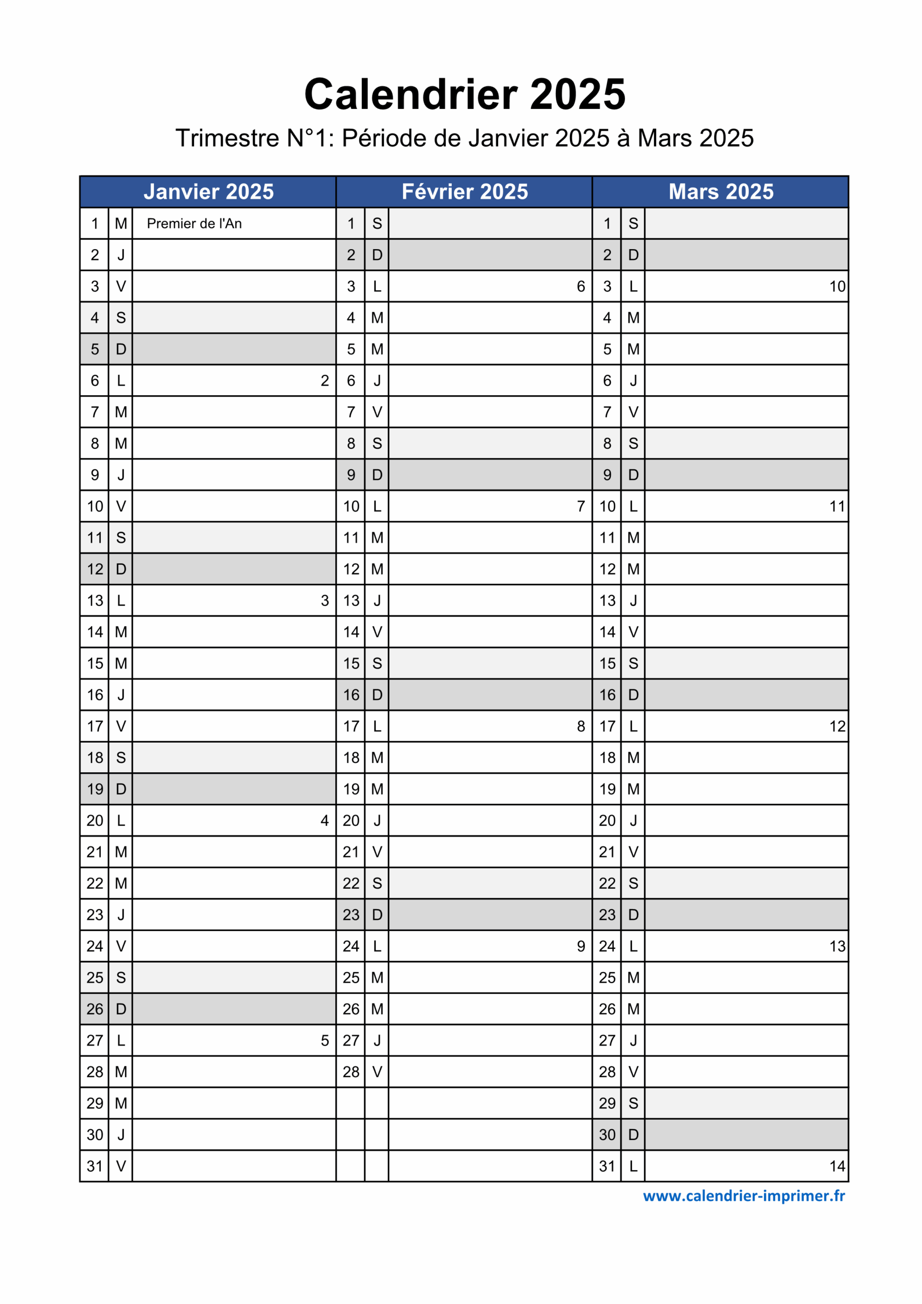 Calendrier 2025 Imprimer Gratuit