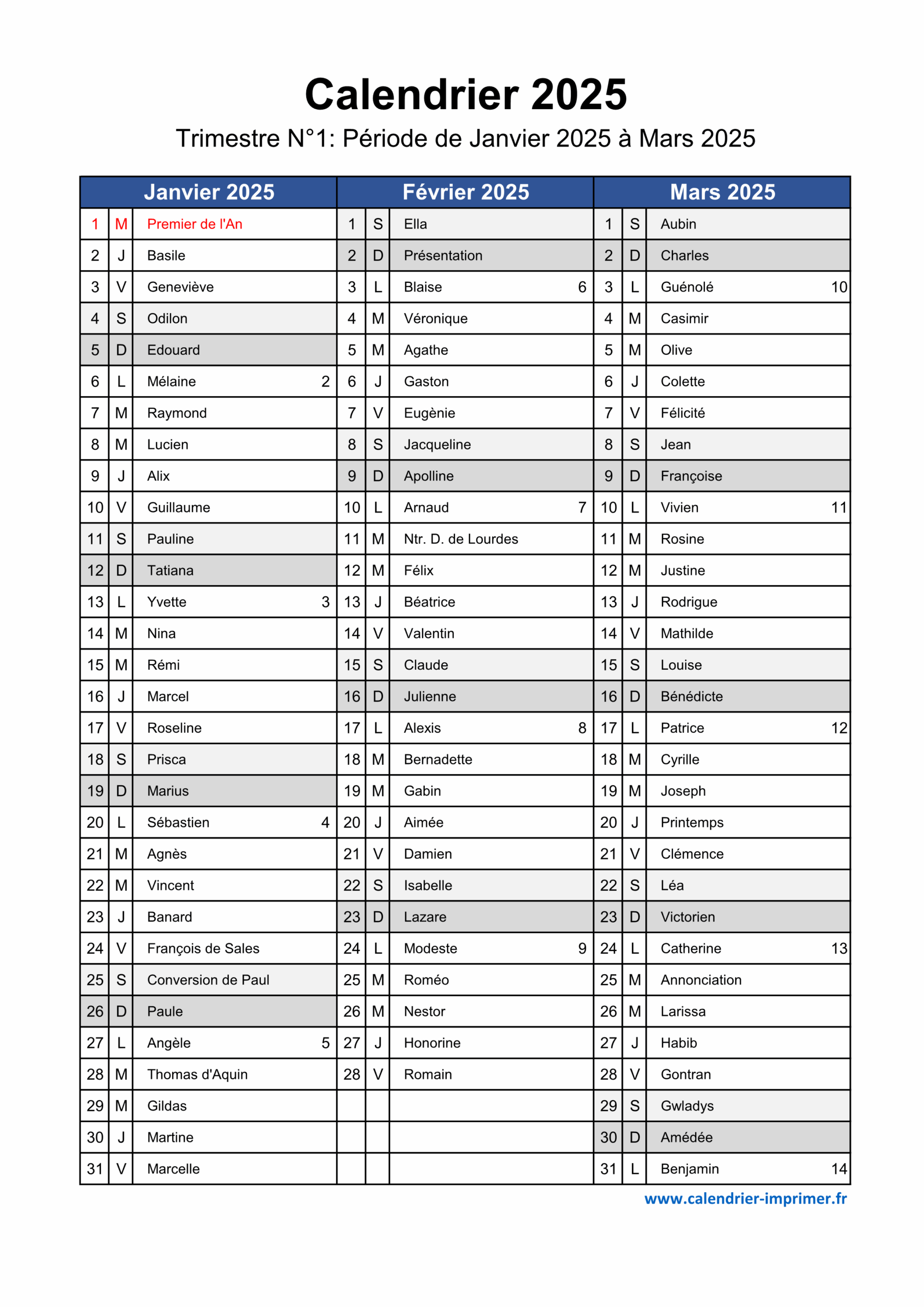 Calendrier 2025 Imprimer Gratuit
