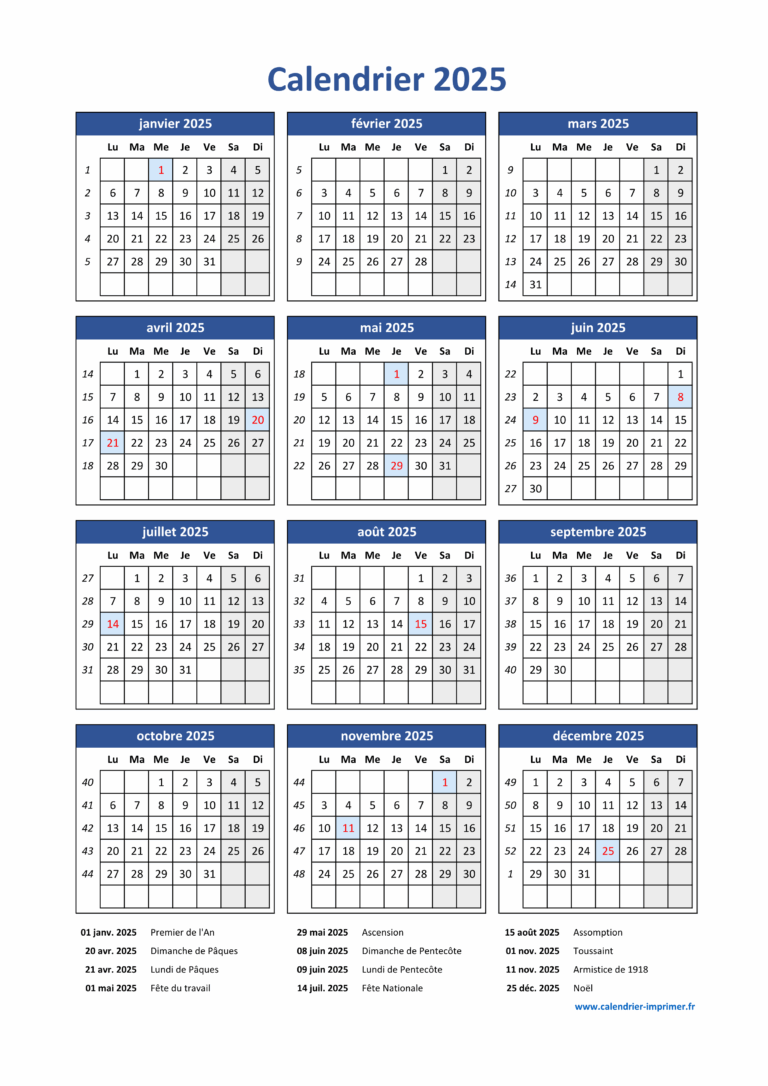 Calendrier 2025 Imprimer Gratuit