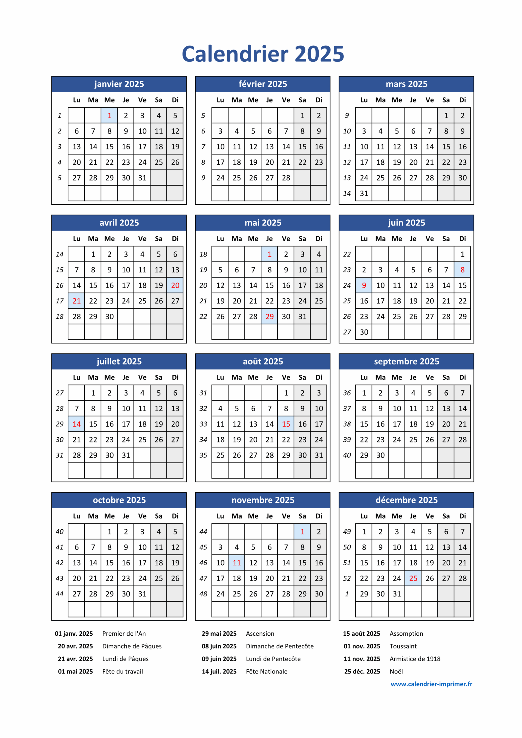 Calendrier 2025 Imprimer Gratuit