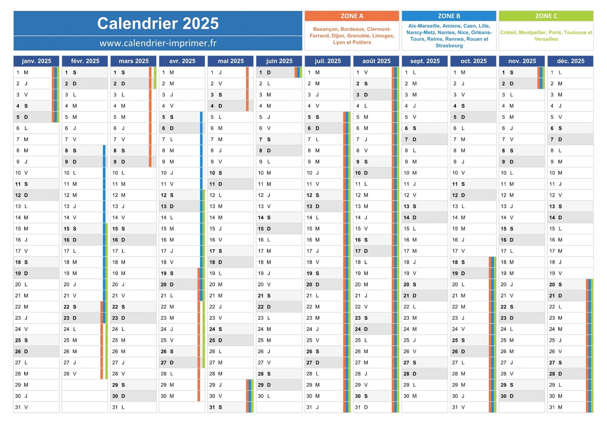 Calendrier 2025 Imprimer Gratuit