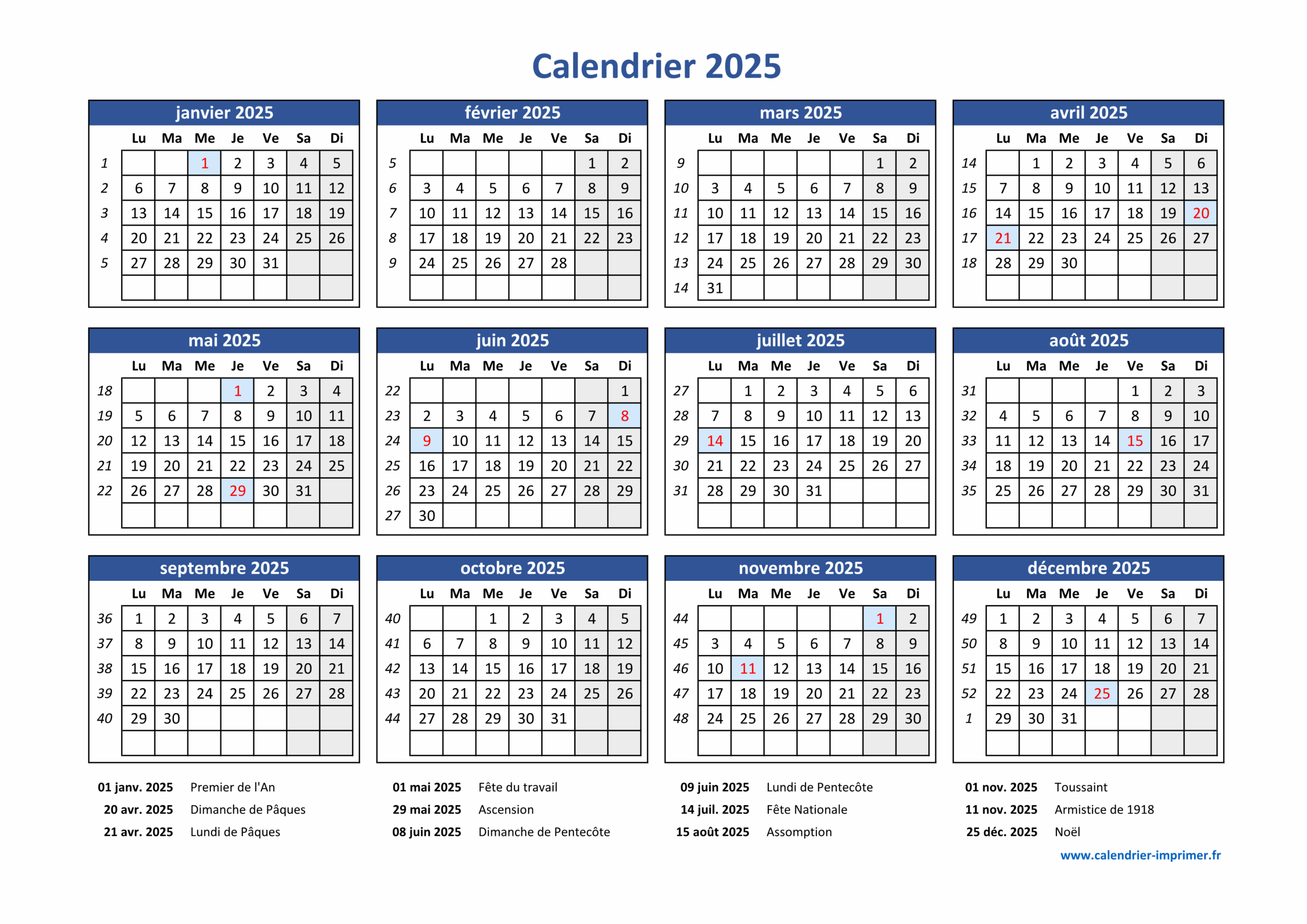 Calendrier 2025 Imprimer Gratuit