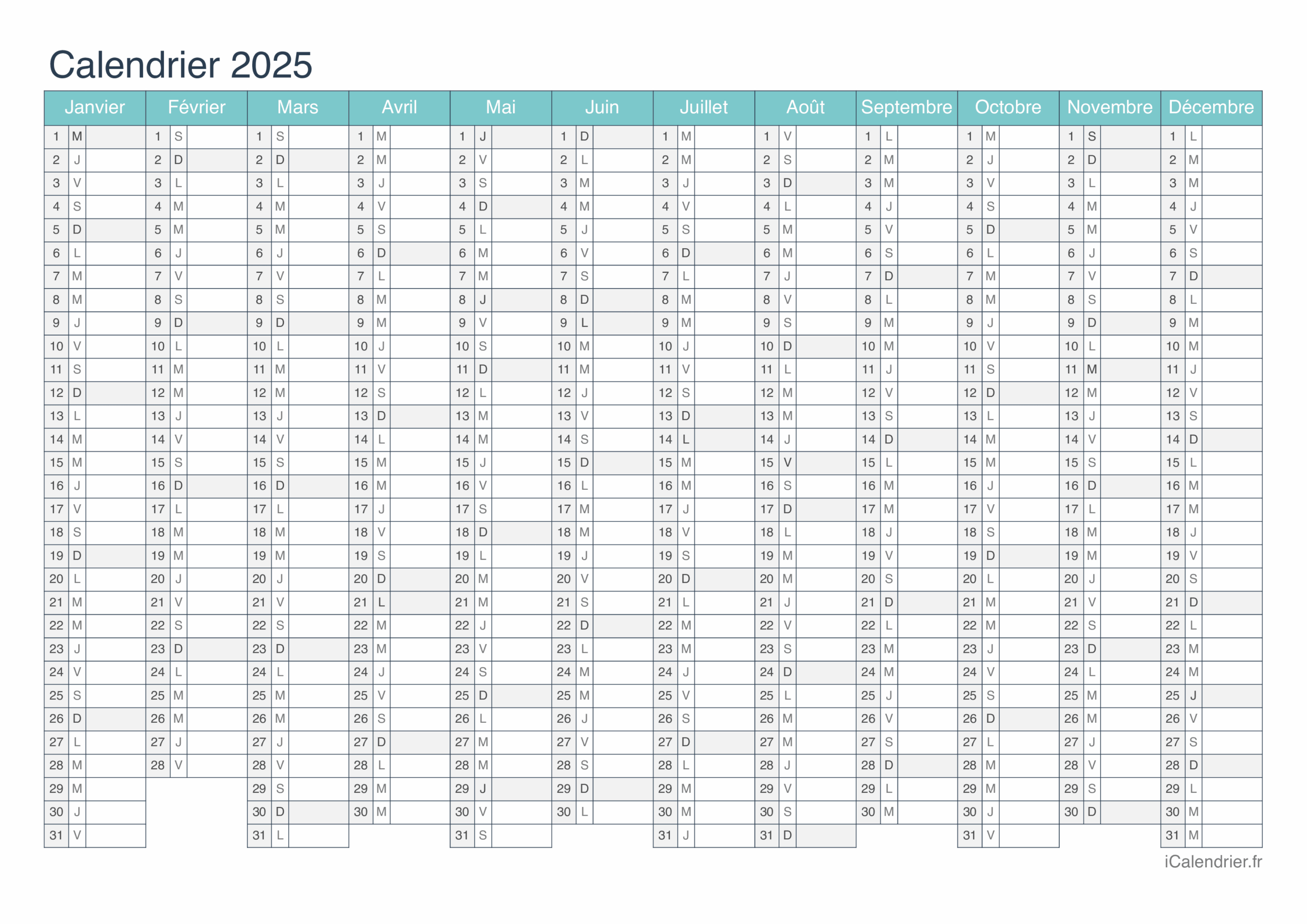 Calendrier 2025 Imprimer PDF Et Excel