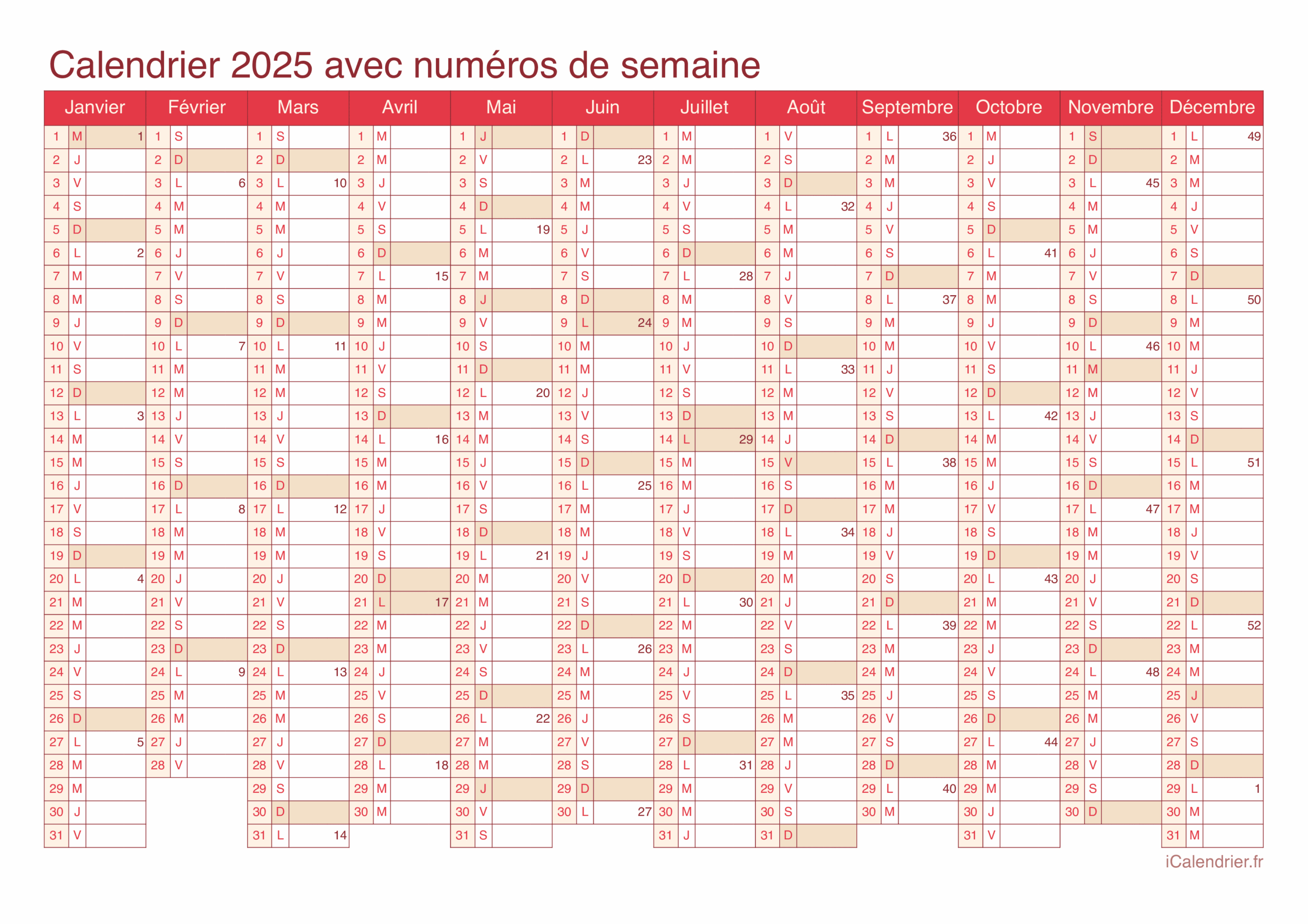 Calendrier 2025 Imprimer PDF Et Excel