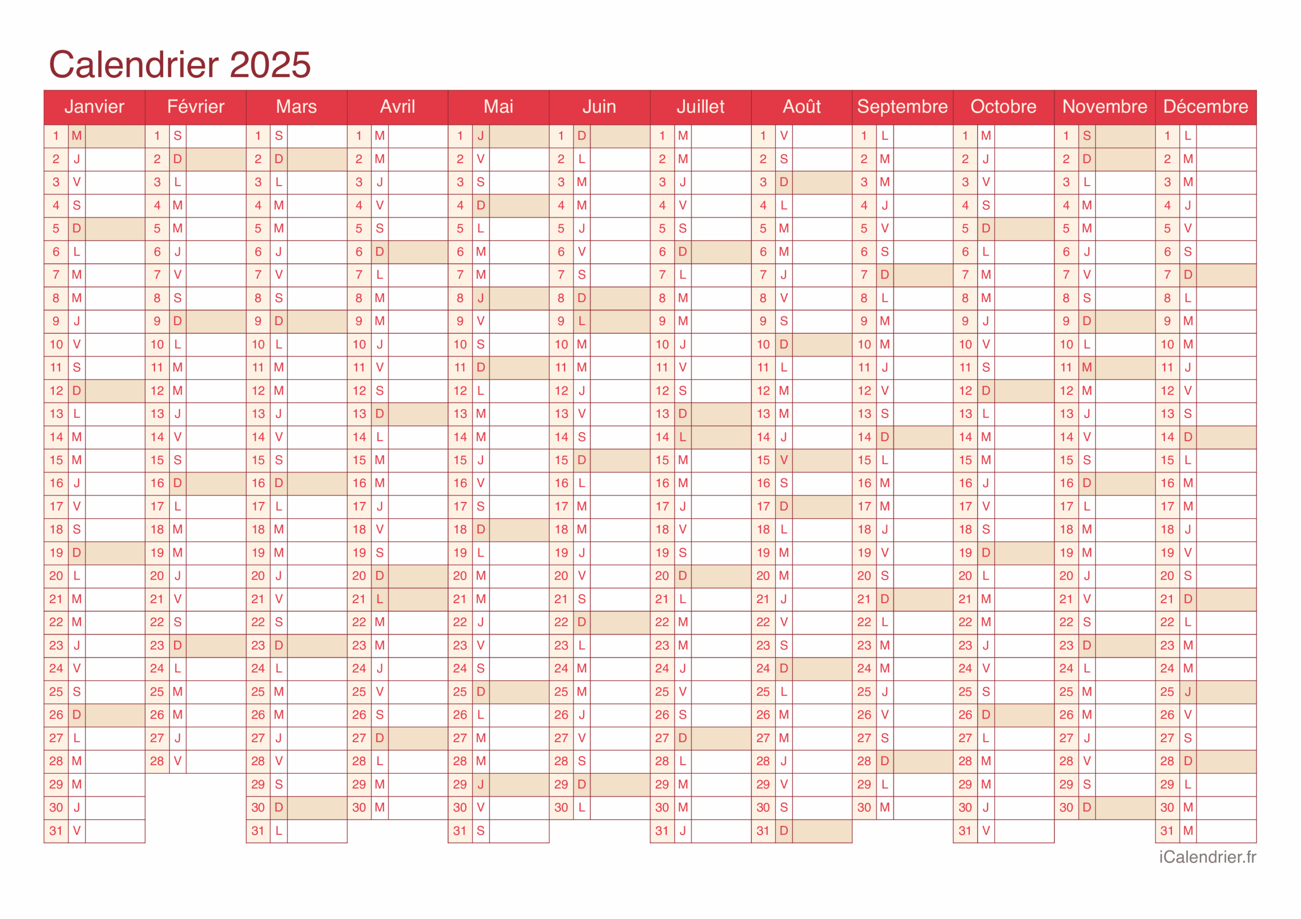 Calendrier 2025 Imprimer PDF Et Excel