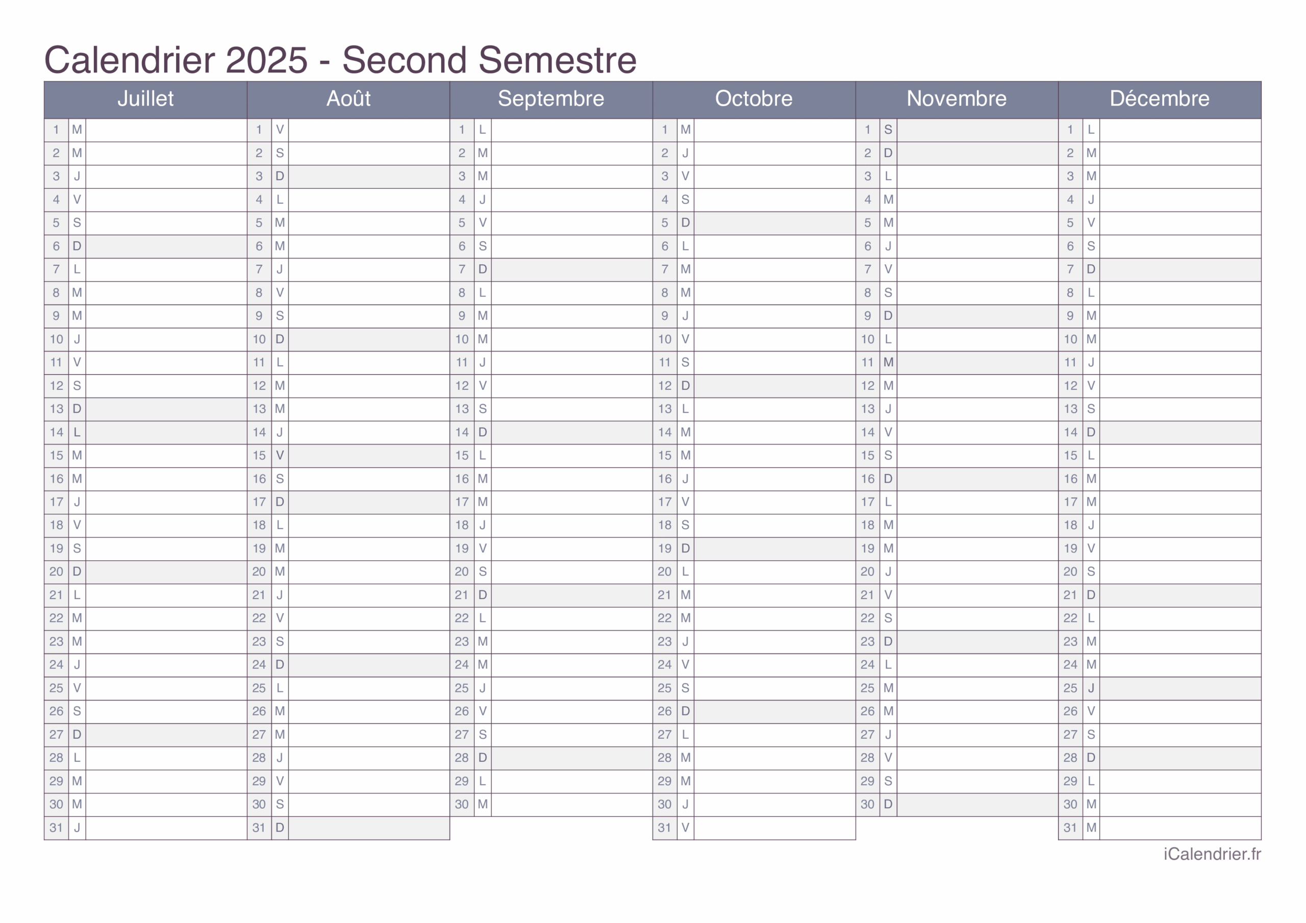 Calendrier 2025 Imprimer PDF Et Excel