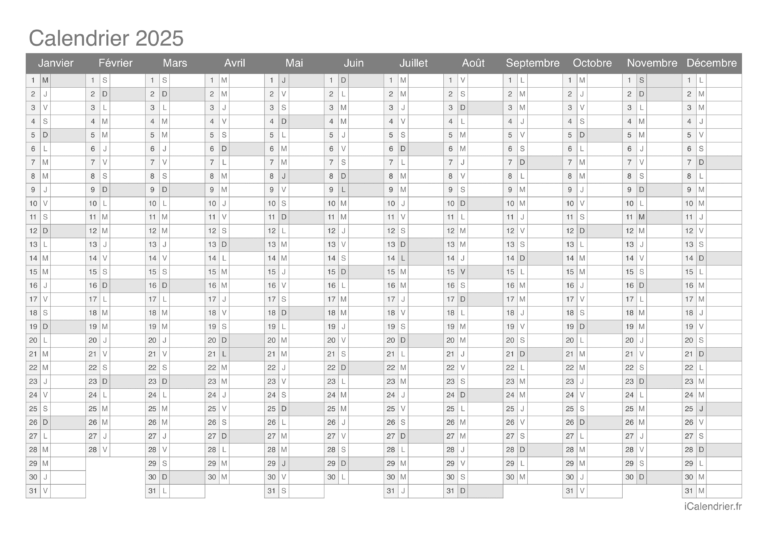 Calendrier 2025 Imprimer PDF Et Excel