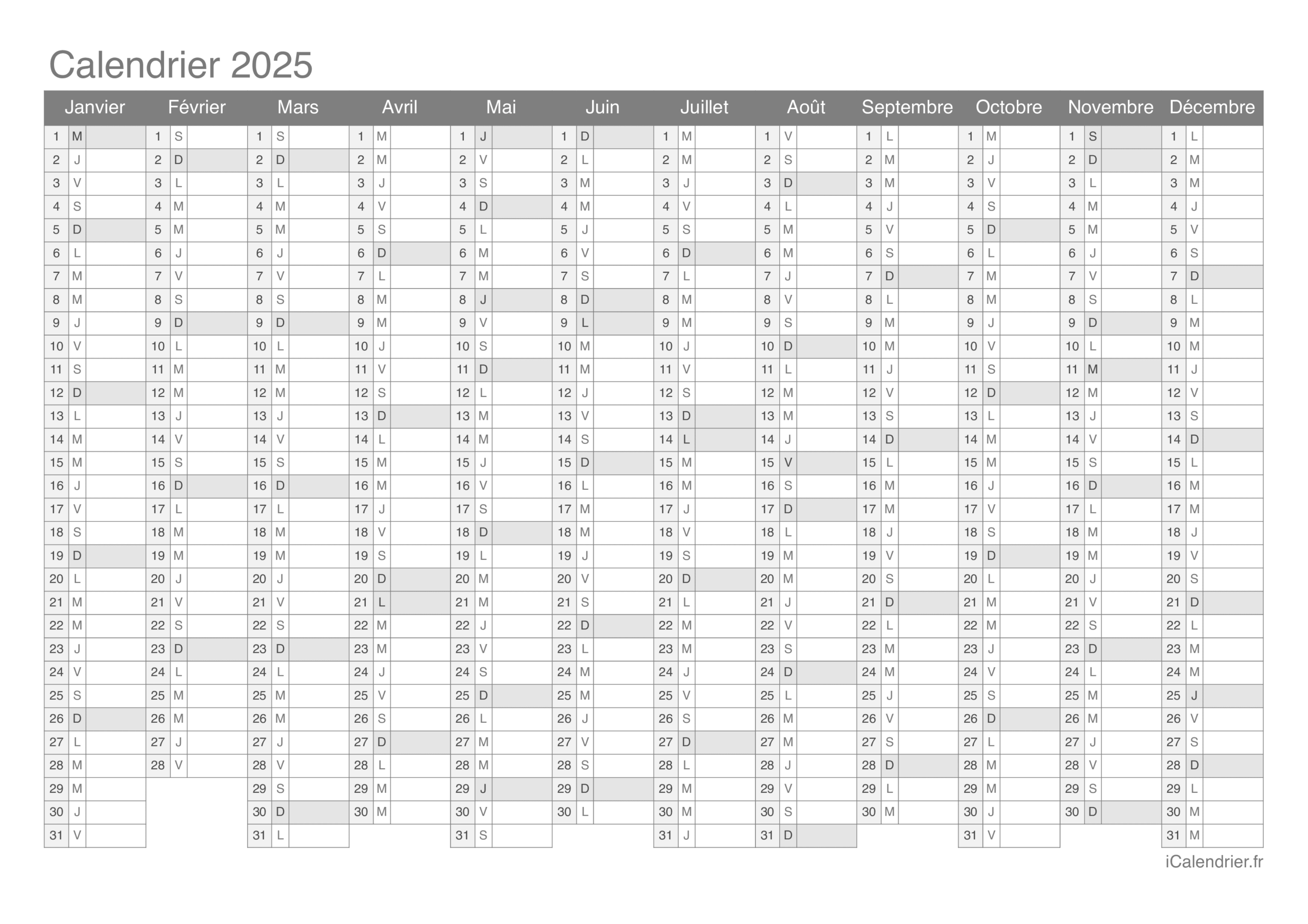 Calendrier 2025 Imprimer PDF Et Excel