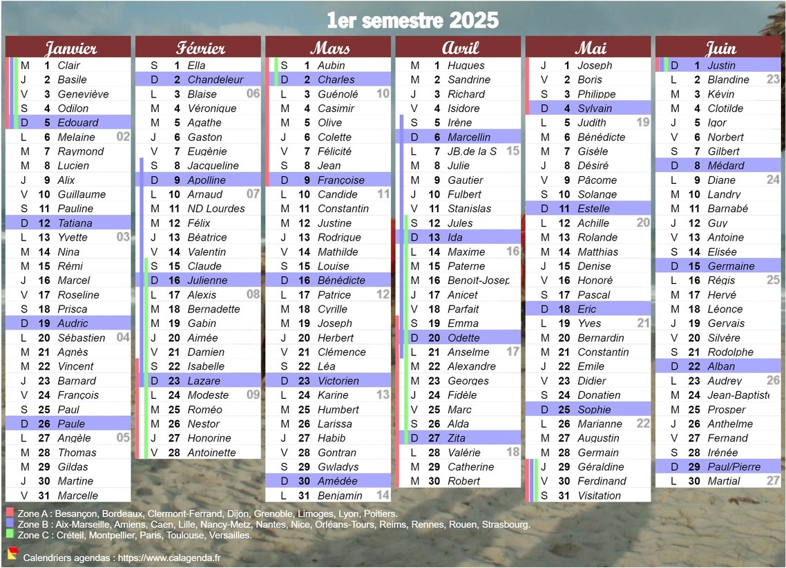 Calendrier 2025 Imprimer Semestriel Avec Les F tes Format Portrait Une Colonne Par Mois