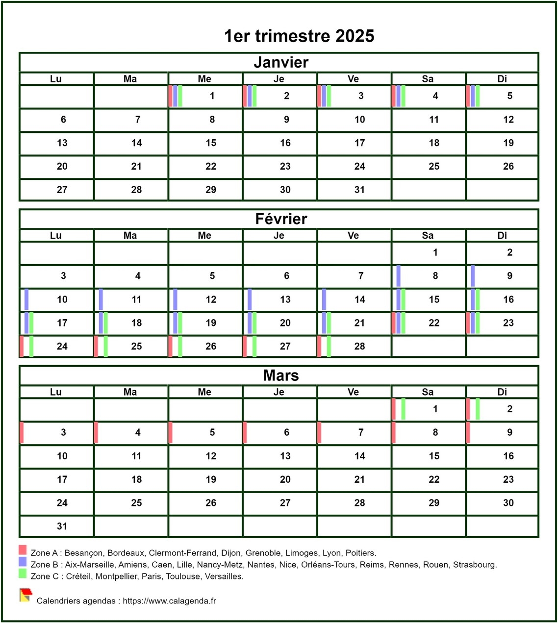 Calendrier 2025 Imprimer Trimestriel Format Mini De Poche Avec Les Vacances Scolaires