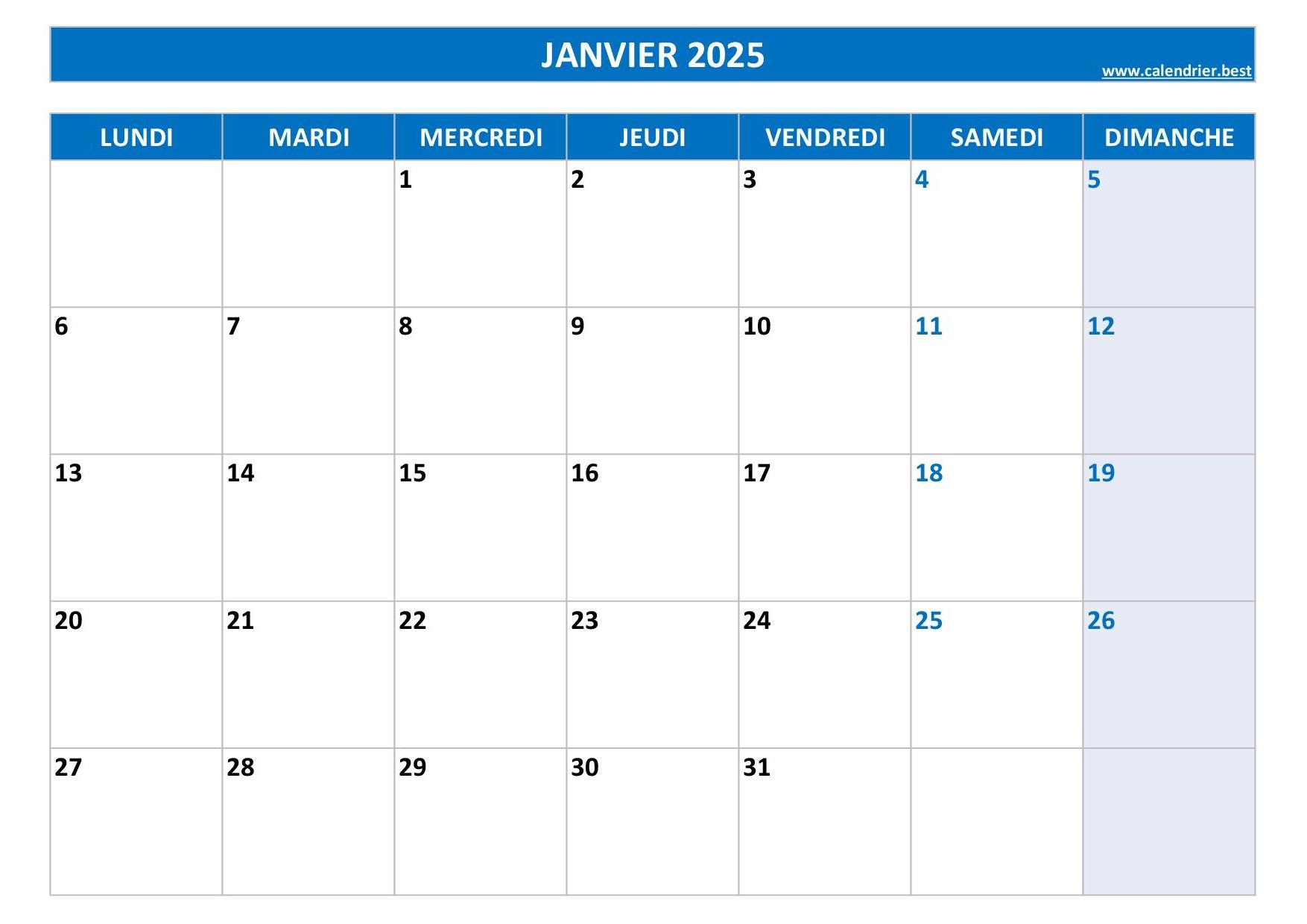 Calendrier 2025 Mensuel Imprimer