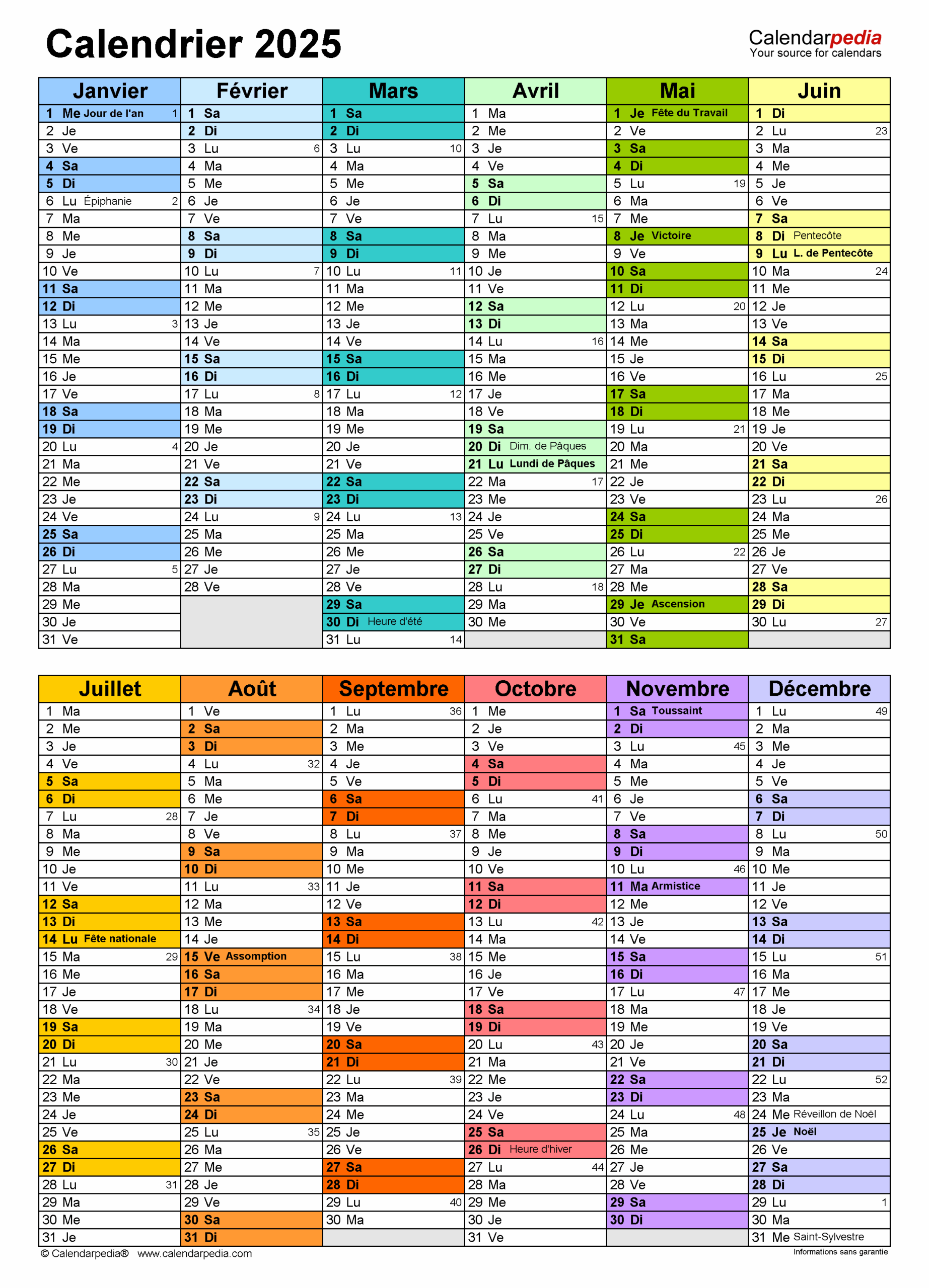 calendrier 2025 1er semestre à imprimer pdf