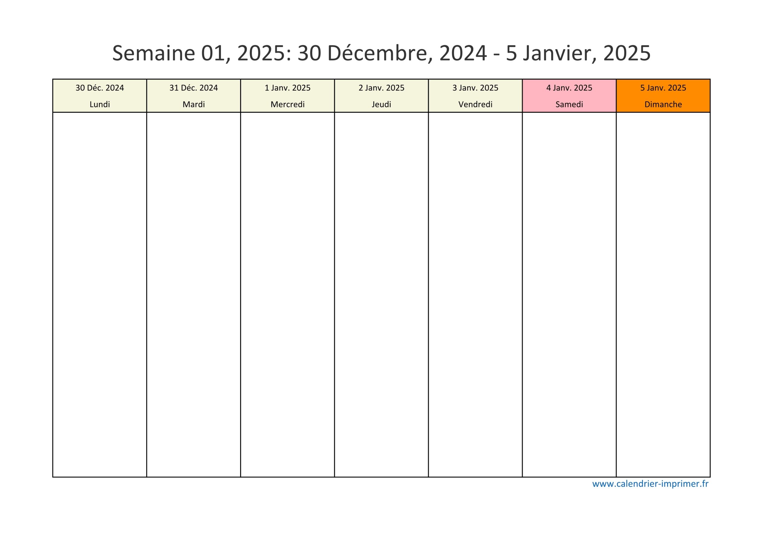 Calendrier 2025 Semaine planning Hebdomadaire Semainier 
