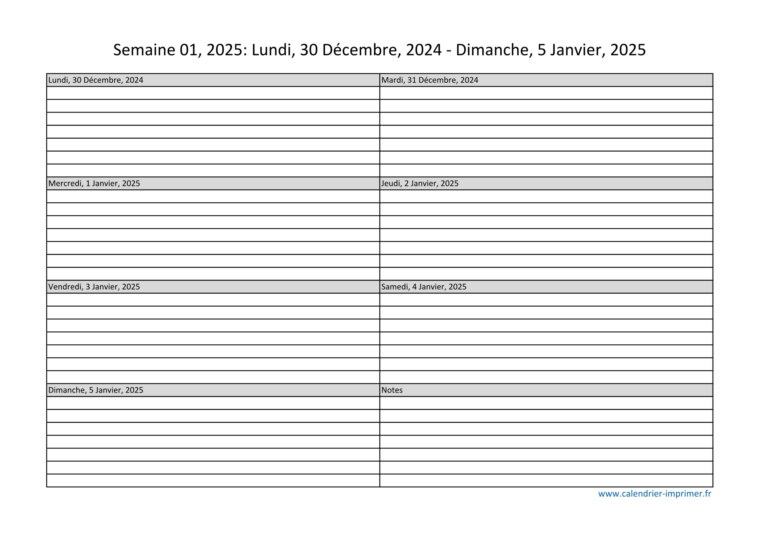 Calendrier 2025 Semaine planning Hebdomadaire Semainier 