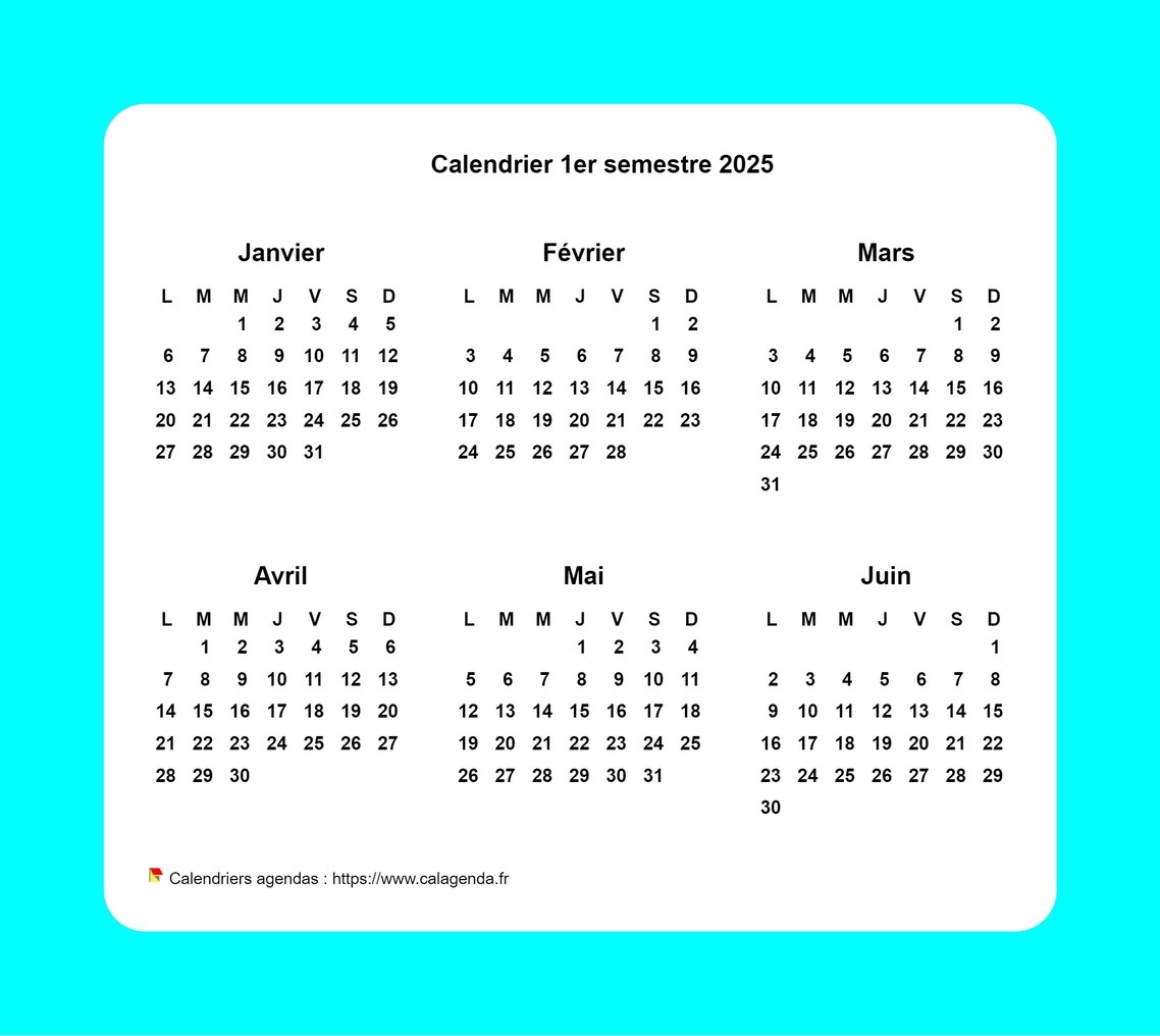 Calendrier 2025 Semestriel Avec Bordure